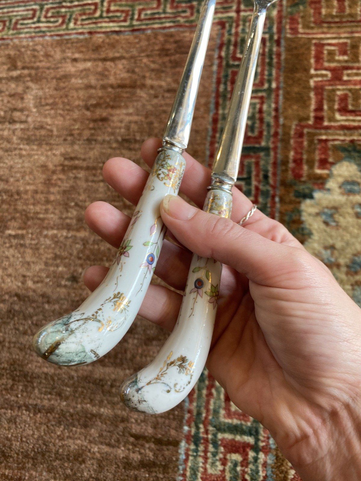 English Botanical + Gilt Porcelain Handle Serving Utensil Set 9