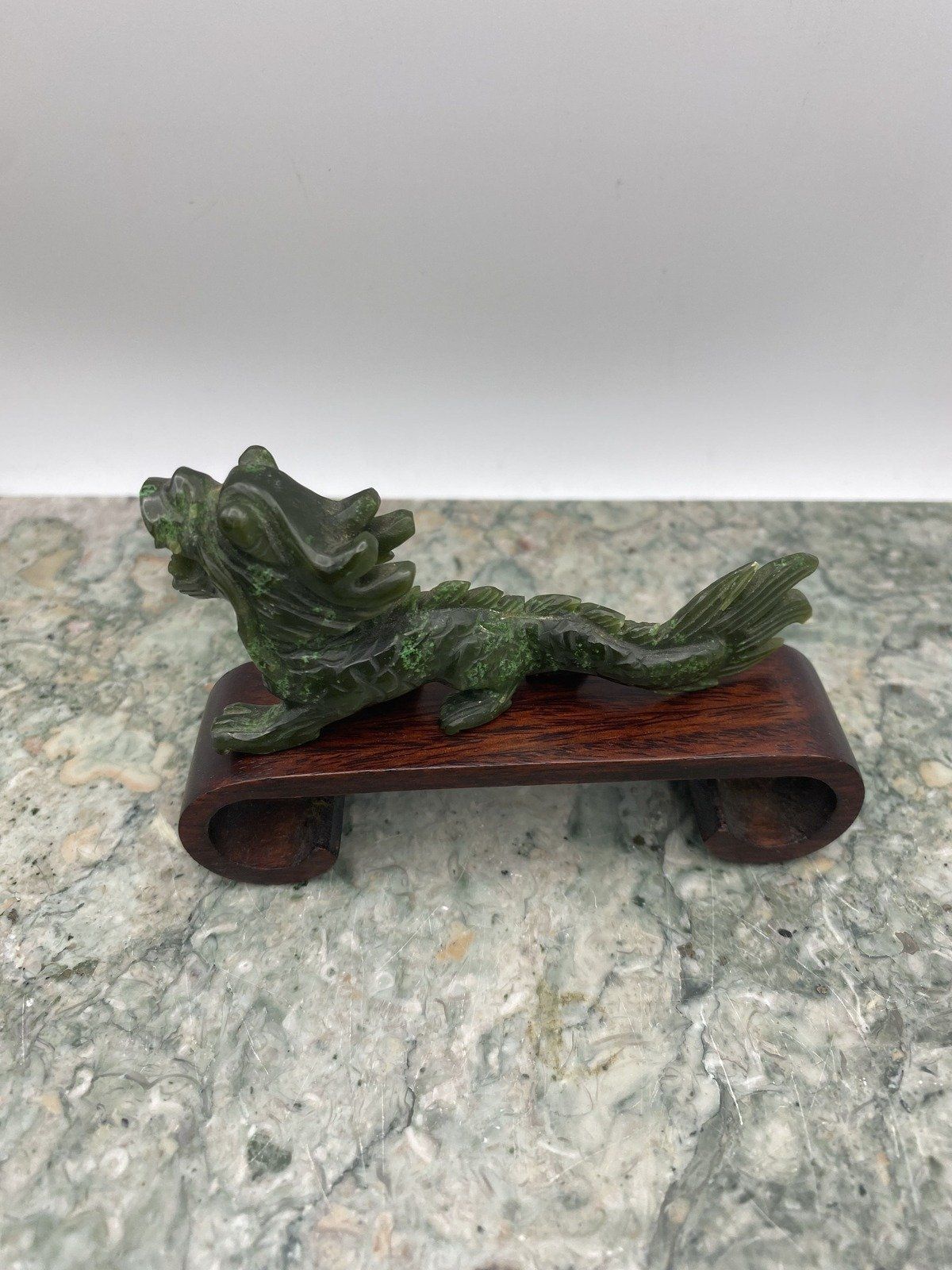 Hand Carved Natural Nephrite Jade Dragon w Feng Shui Wood Stand 4