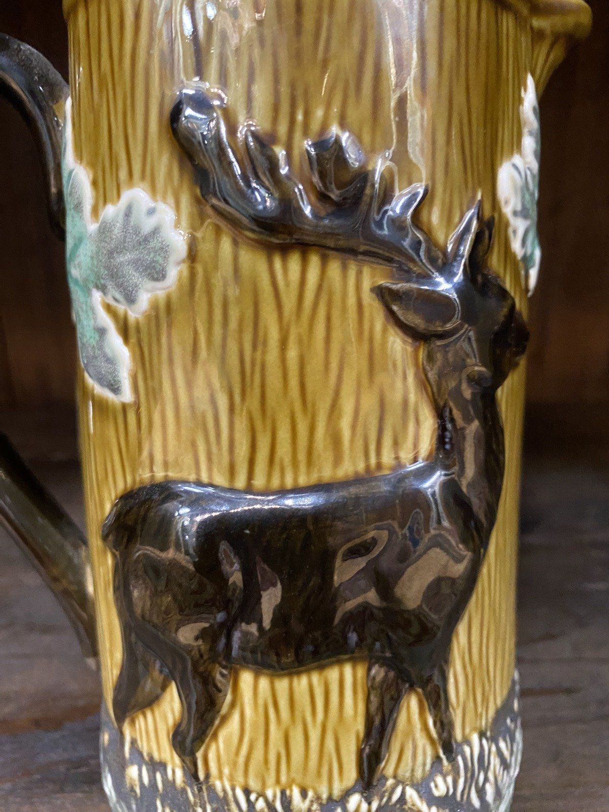 Antique Glazed Ceramic Hunter's Forest Majolica Pitcher 11