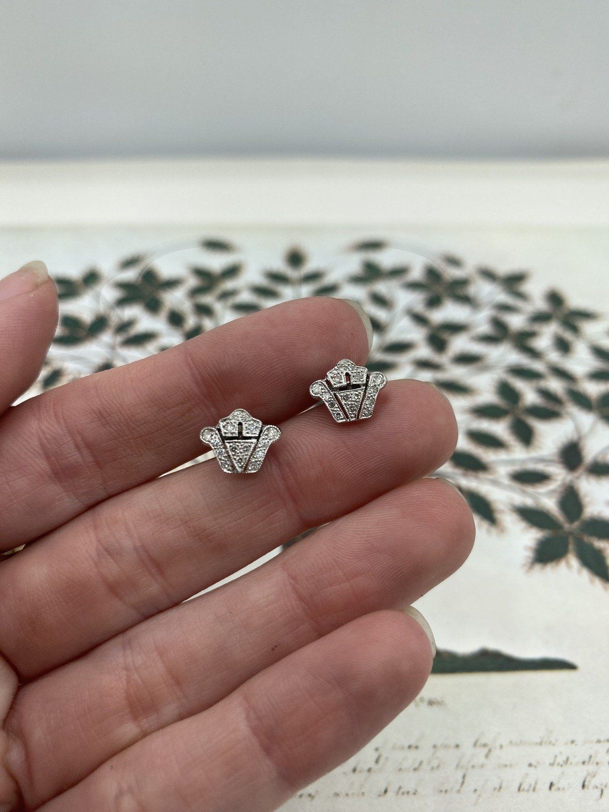 Antique 14k White Gold Diamond Art Deco Stud Earrings 2