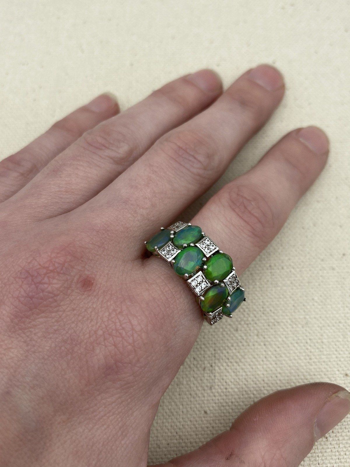 Sterling Silver Staggered Firey Opal Ring Band 5