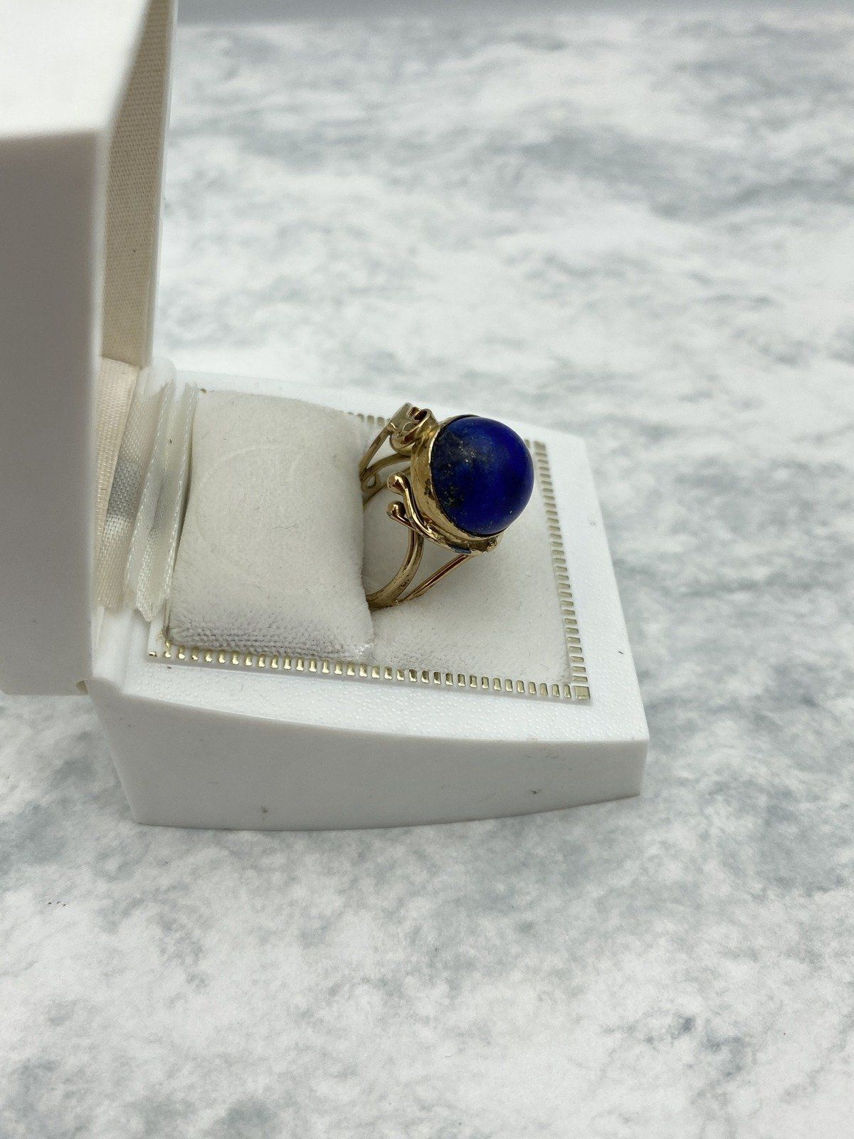 Vintage 14k Sculptural Lace Lapis Lazuli Polished Statement Ring 8