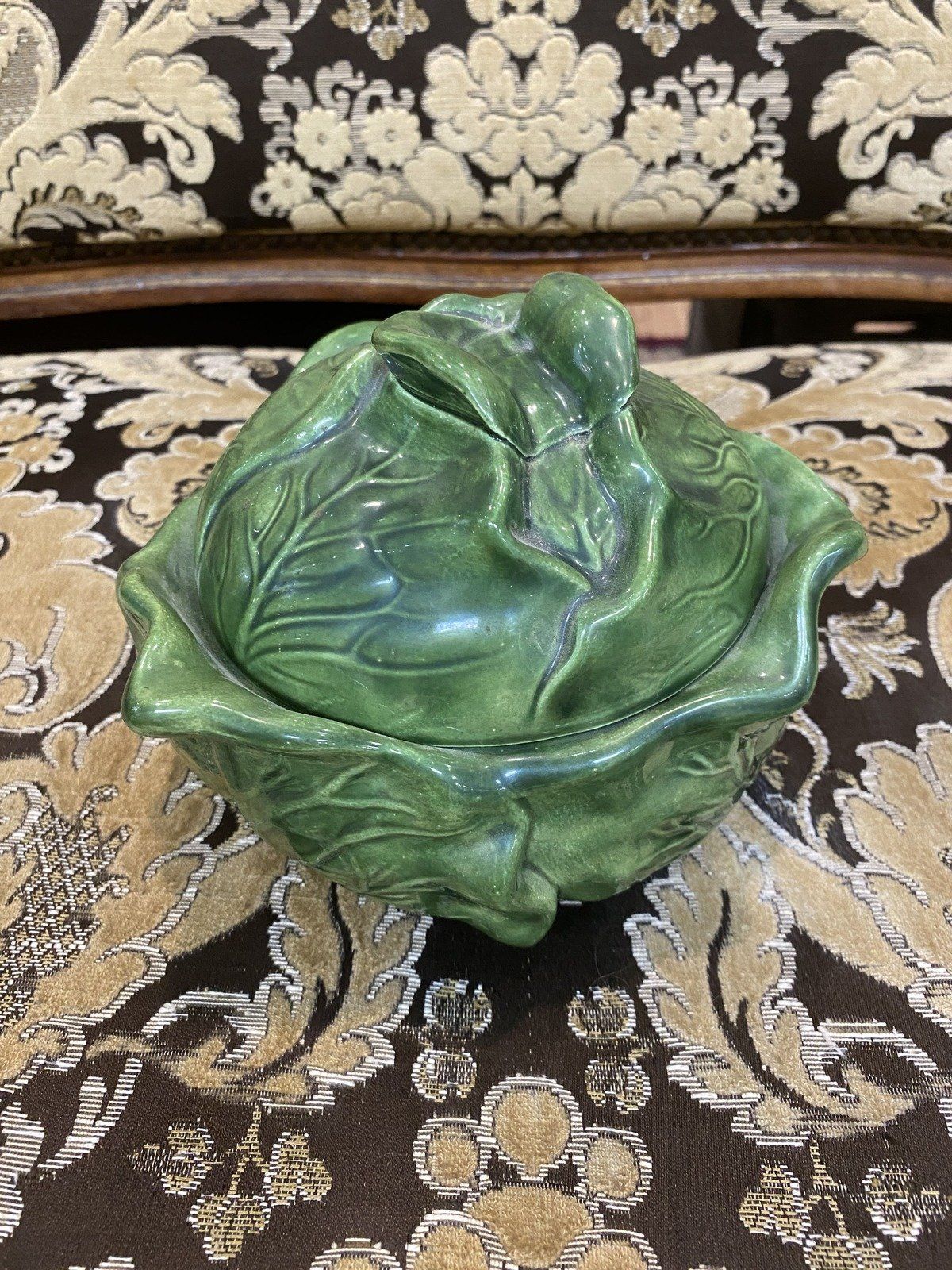 Vintage Holland Mold Lidded Cabbage Leaf Majolica Ceramic Serving Bowl + Lid 2