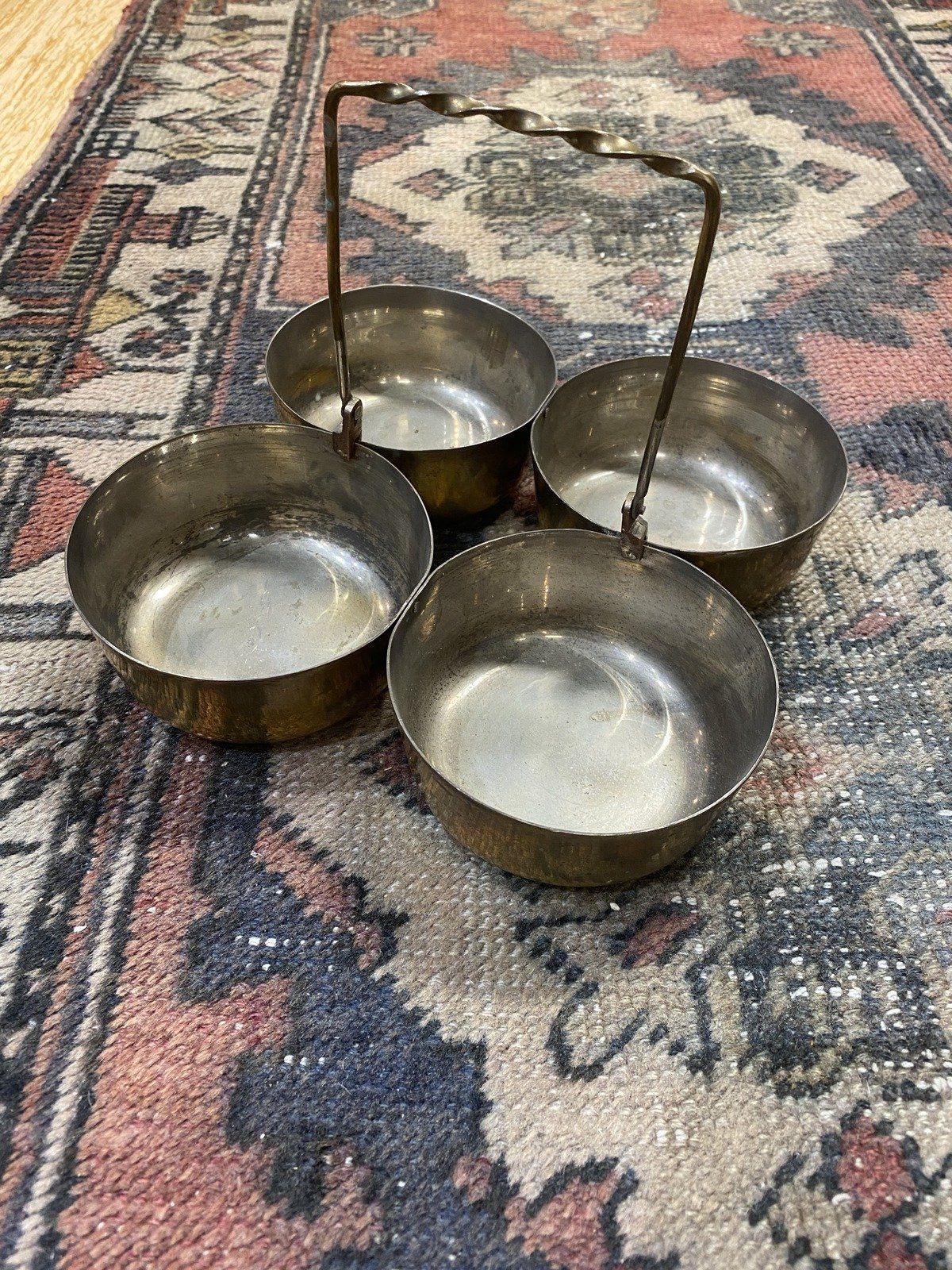 Vintage India Made 4x Vessel Brass Chopala Spice/Incense Dish w Handle 11
