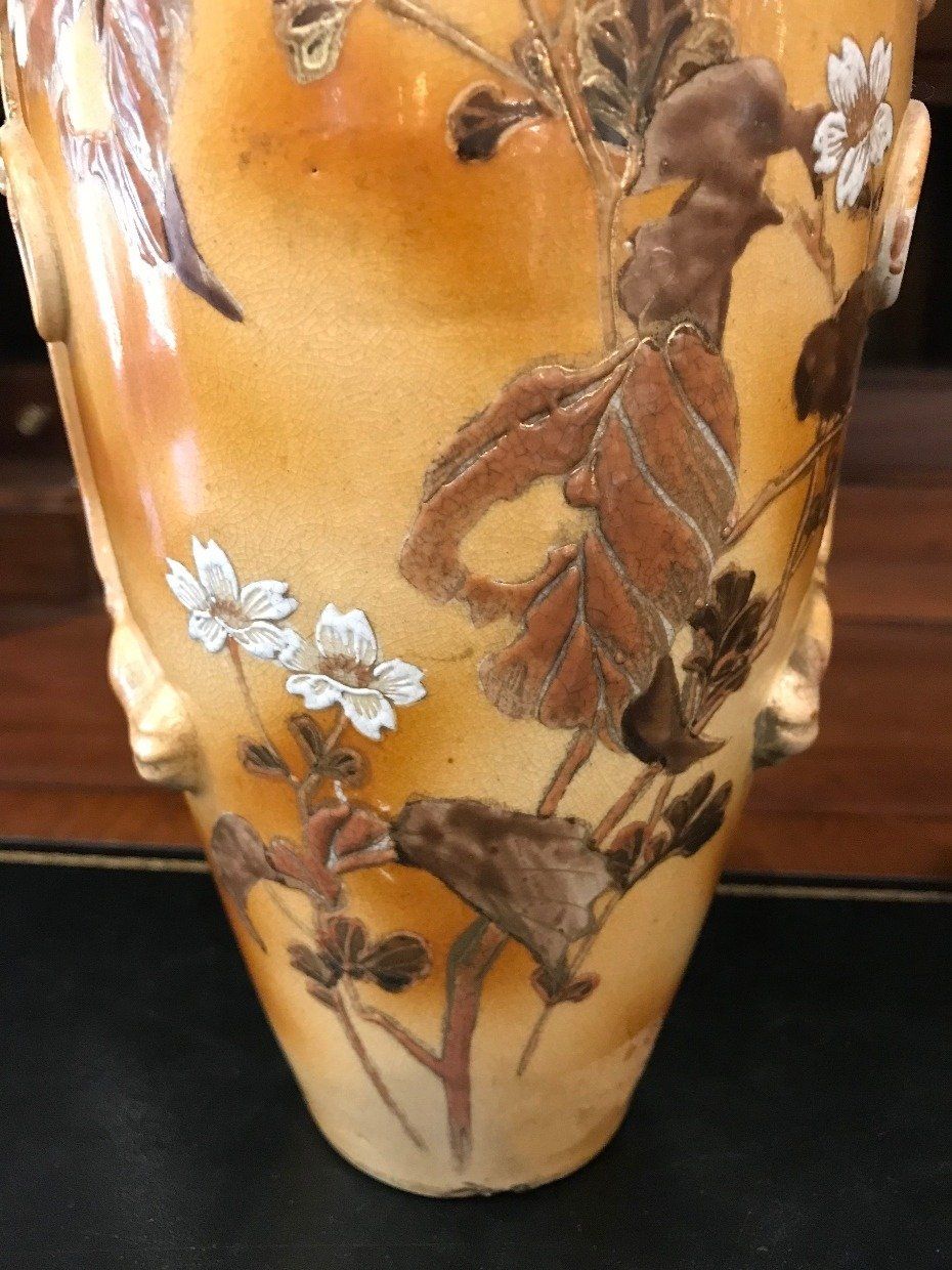 Antique Pair of Oriental Ceramic Phoenix Cherry Blossom Vases 6