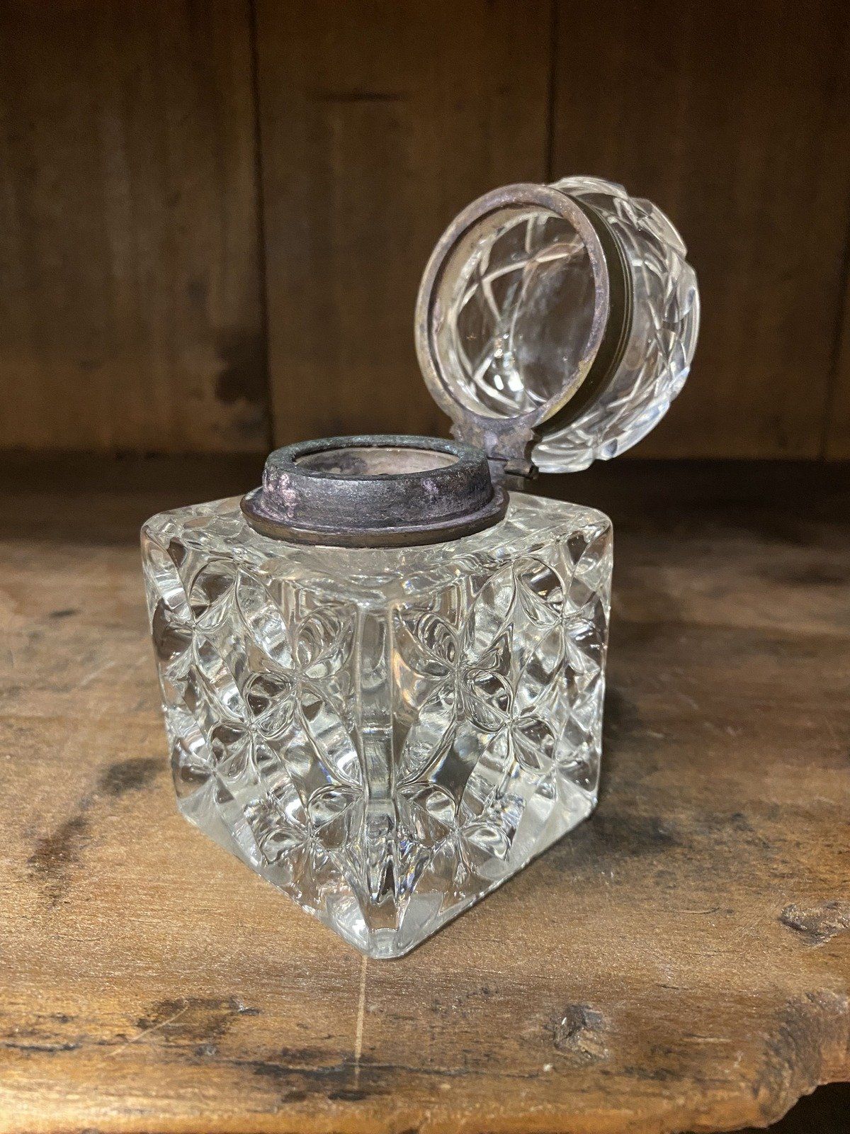 Nice Clear HEAVY Antique Molded Glass Inkwell