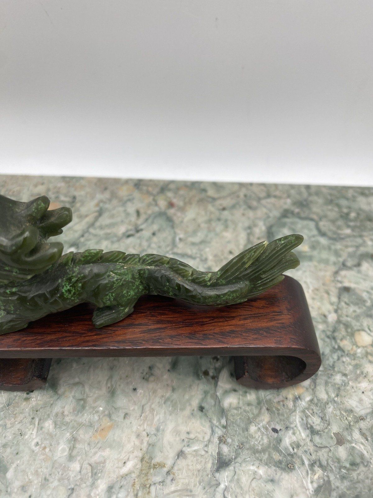Hand Carved Natural Nephrite Jade Dragon w Feng Shui Wood Stand 3