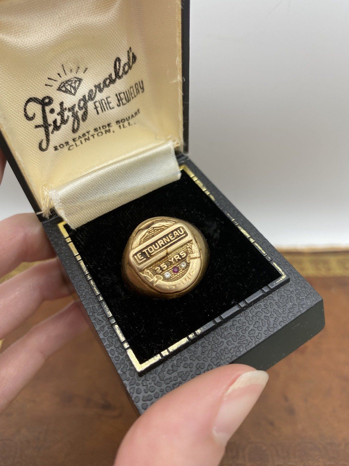 Antique 14k Gold Le Tourneau 25 Years of Service Weighty Signet Class Ring w Ruby + Diamond Accents 3