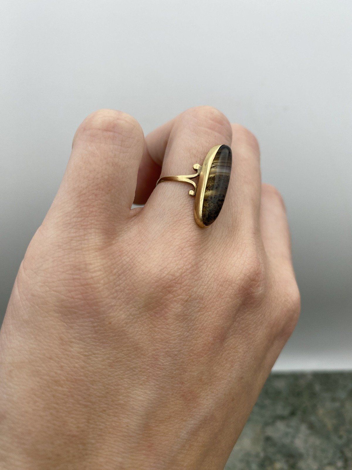 Antique 14k Gold Rare Botswana Agate Navette Ring 10