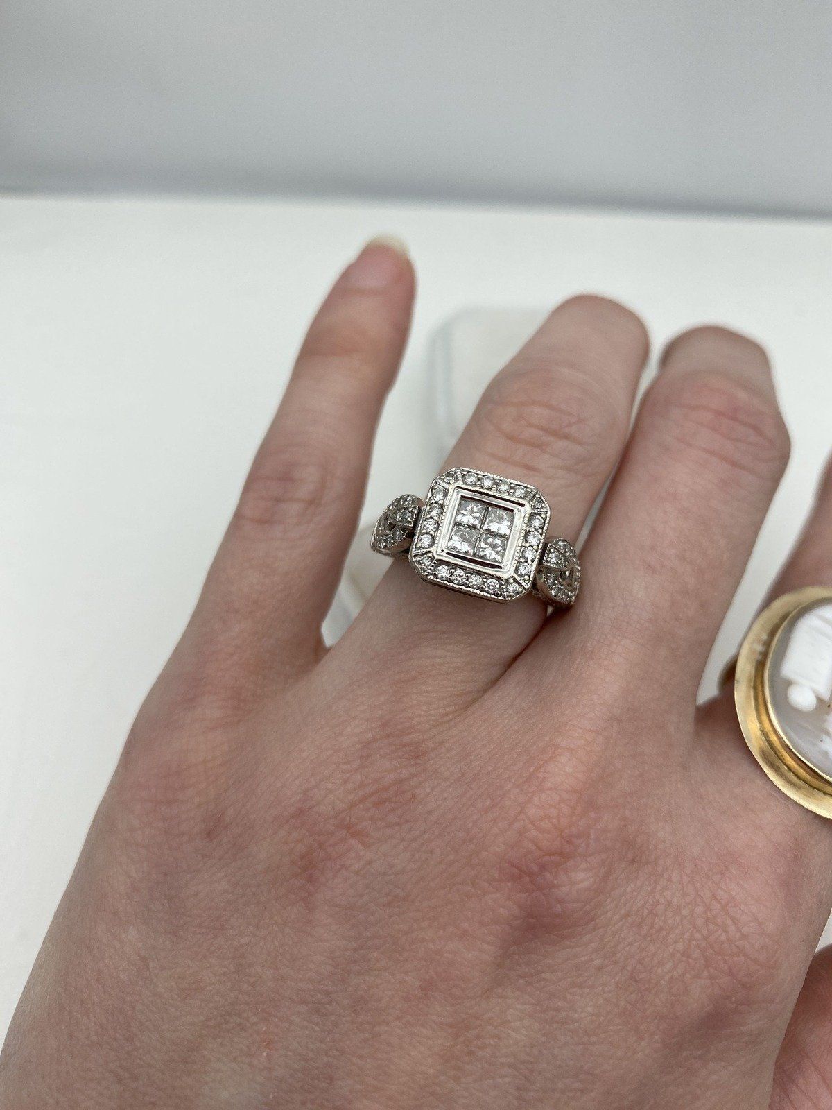 14k White Gold 1.99ctw Diamond Bezel Cluster Engagement Ring w Filigree + Shank Details + GIA 5