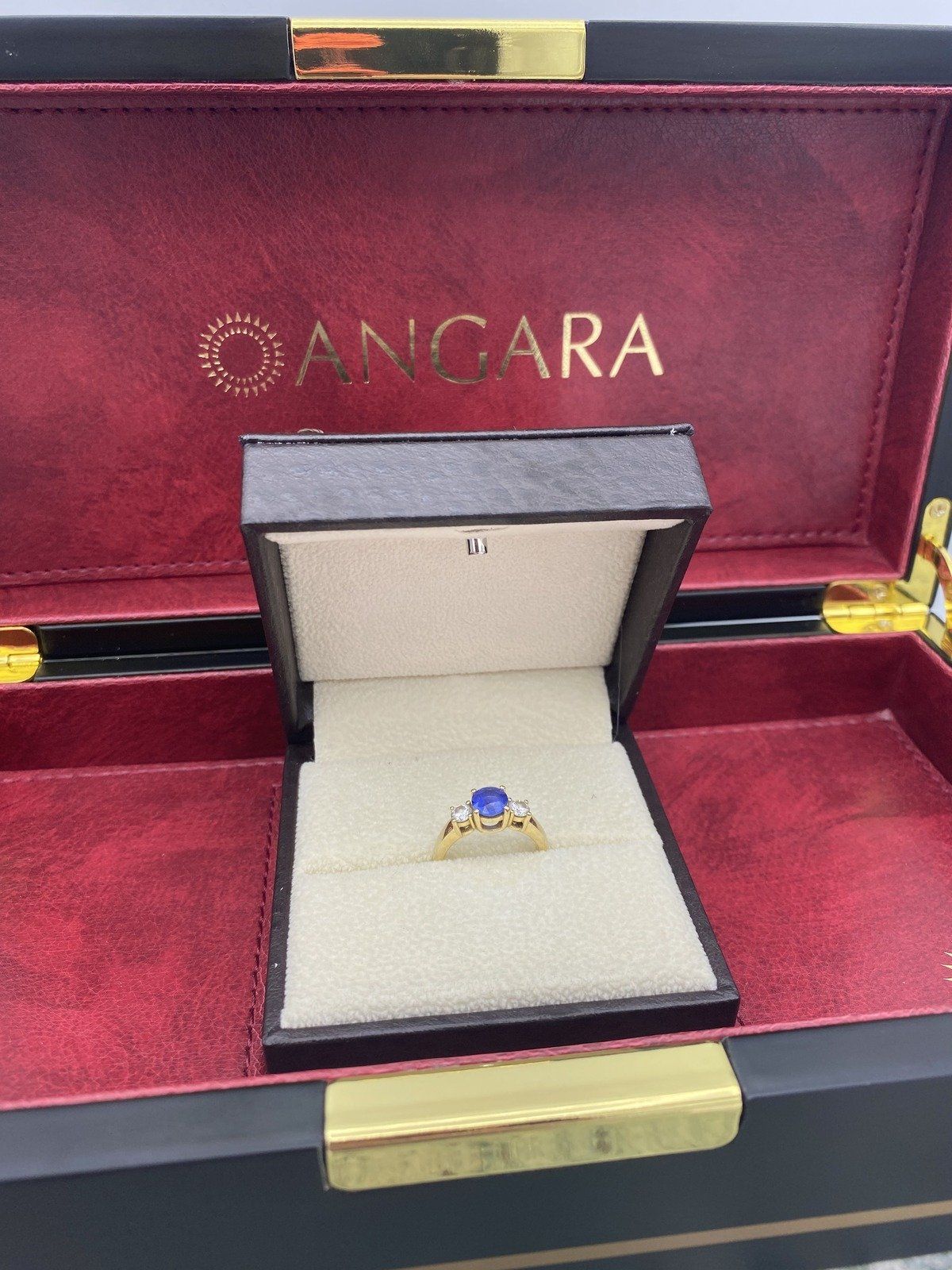 Angara 14k Gold 1ct Sapphire + .32ct Diamond Trio Stone Ladies Ring w GIA + Display Box 5