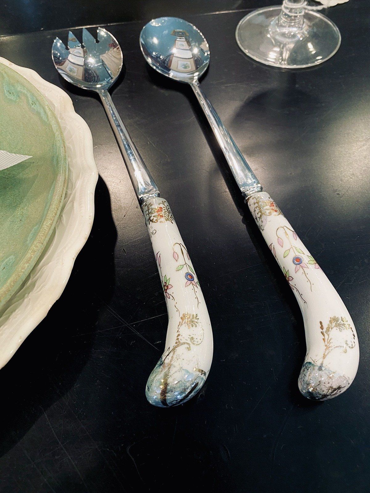 English Botanical + Gilt Porcelain Handle Serving Utensil Set 12