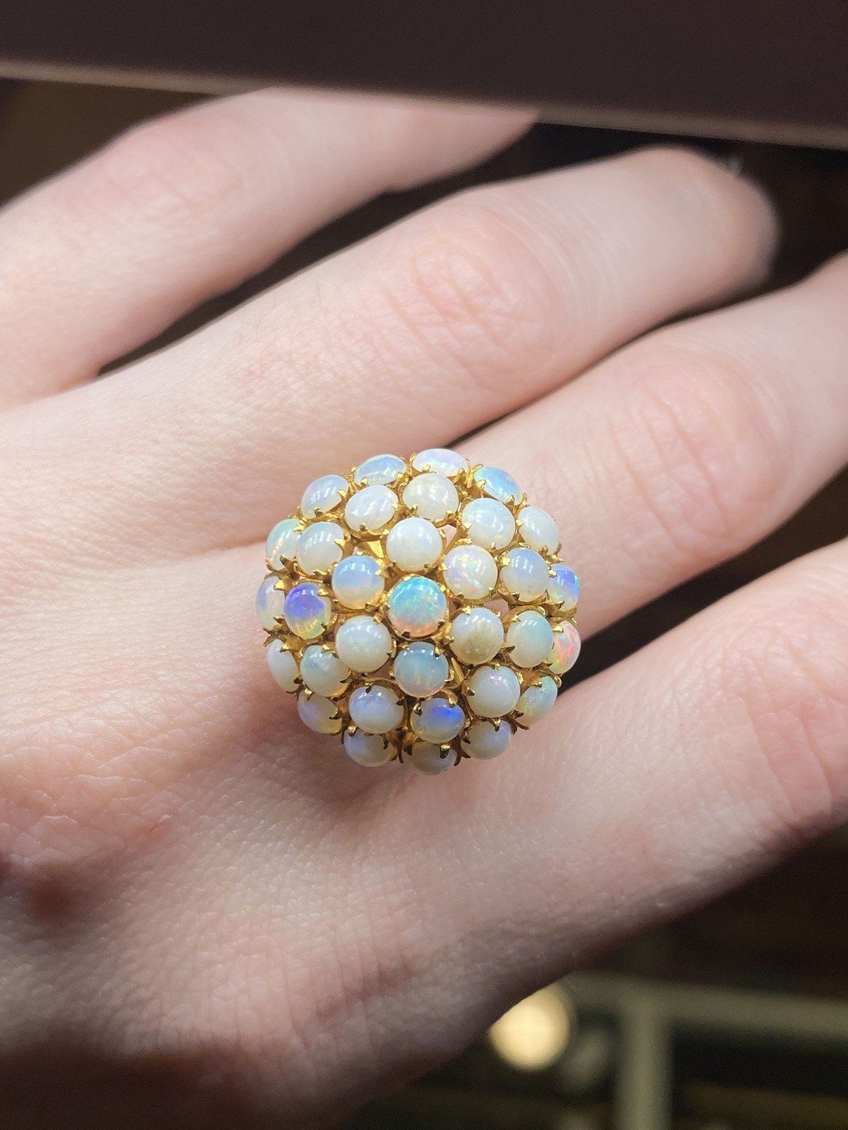 Antique 91.6k/90% Gold Purity Genuine Australian Opal Pave Bombe Ring #2777 12
