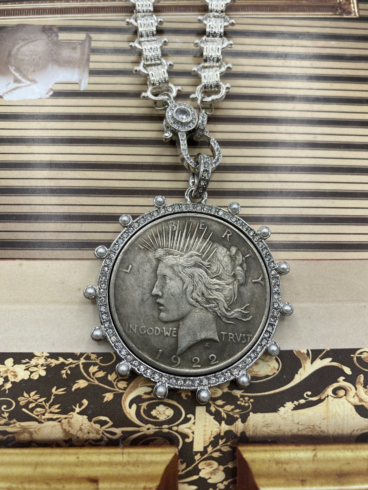 Laura Hackney c.1922 Silver Peace Dollar + CZ Bookchain Necklace 3