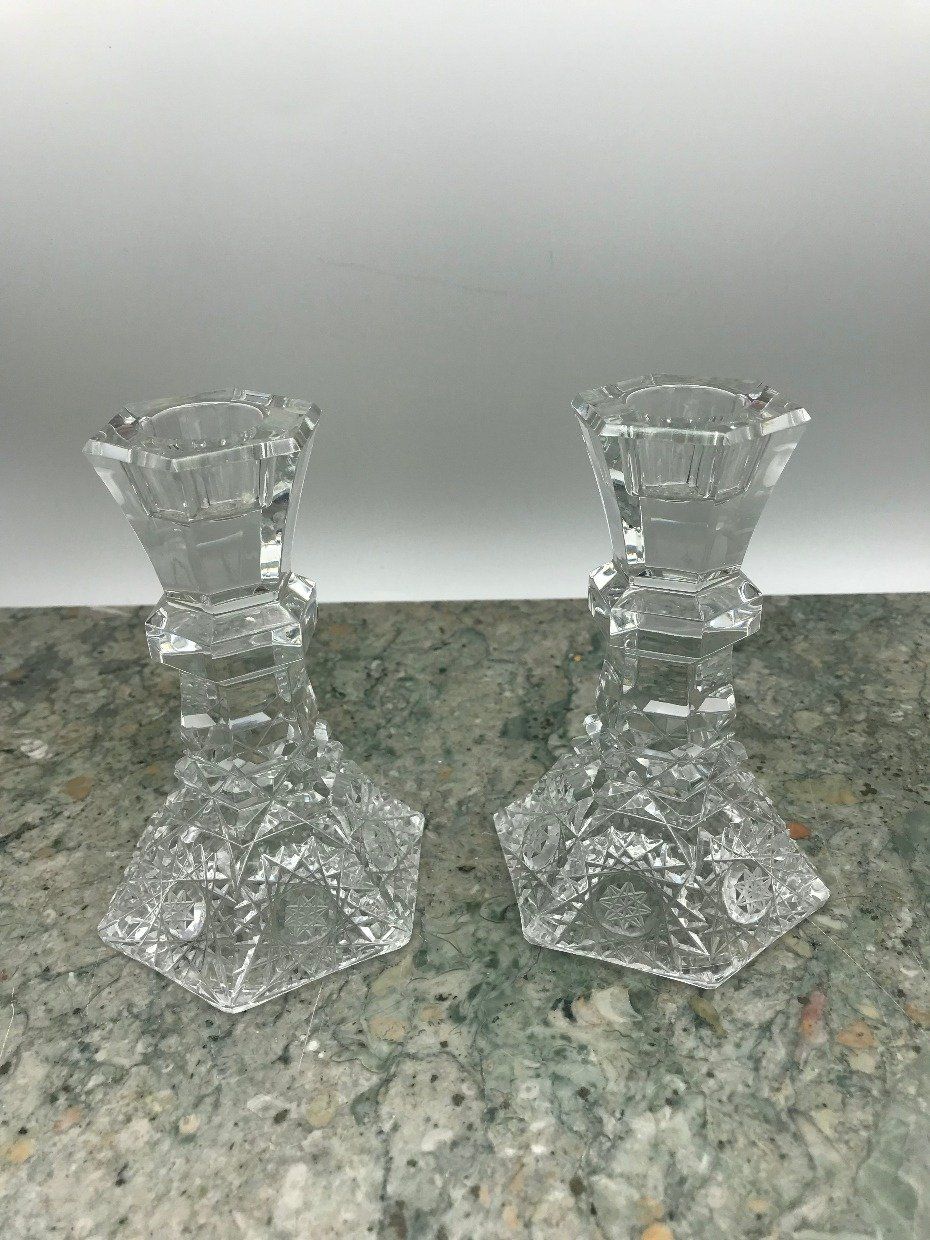 Intricately Cut German Crystal Hobstar Candle Stick Holders