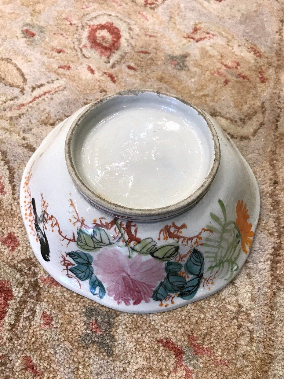 Antique Oriental Painted Pedestal Bowl w Bird 2