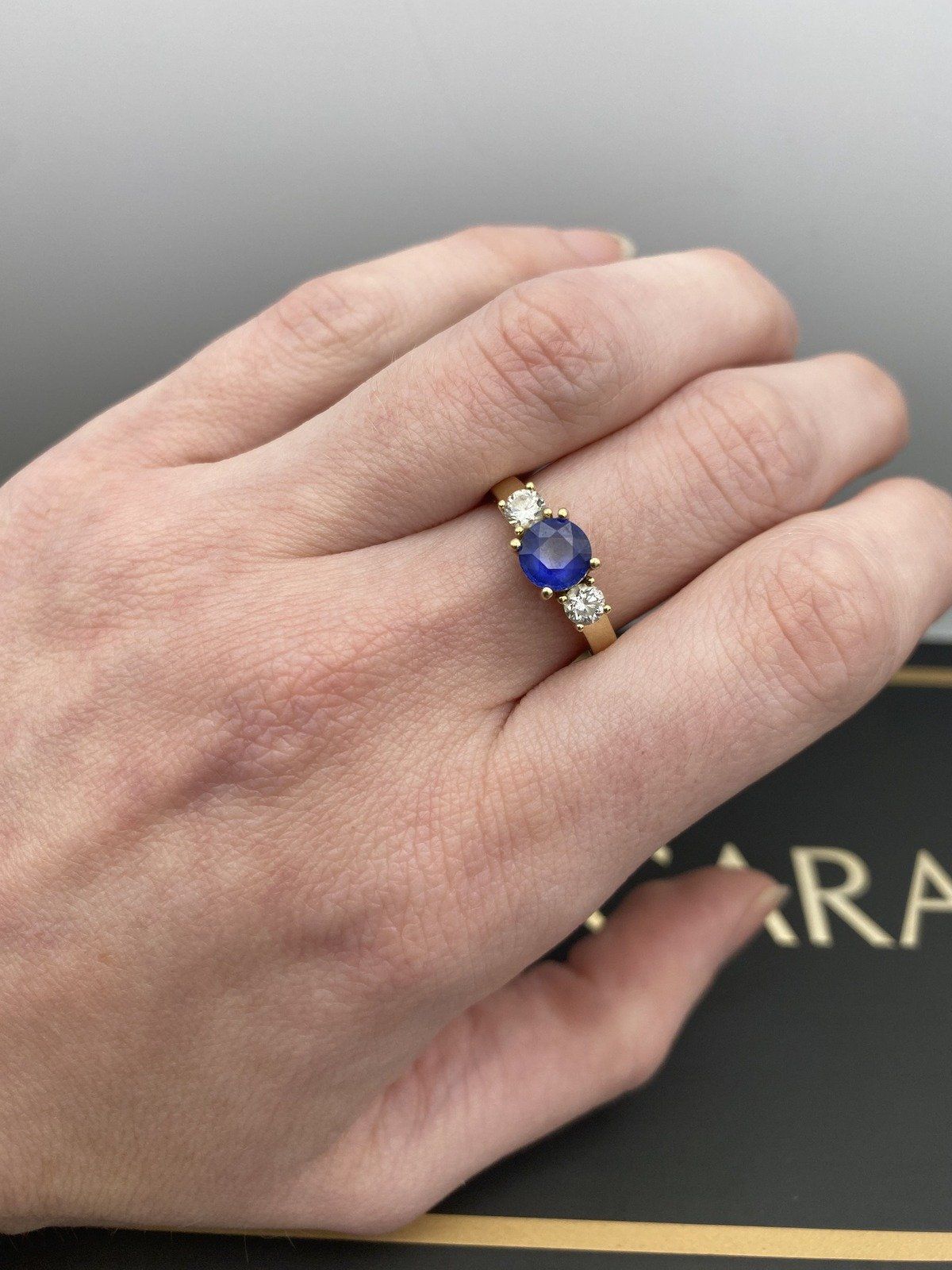 Angara 14k Gold 1ct Sapphire + .32ct Diamond Trio Stone Ladies Ring w GIA + Display Box 14