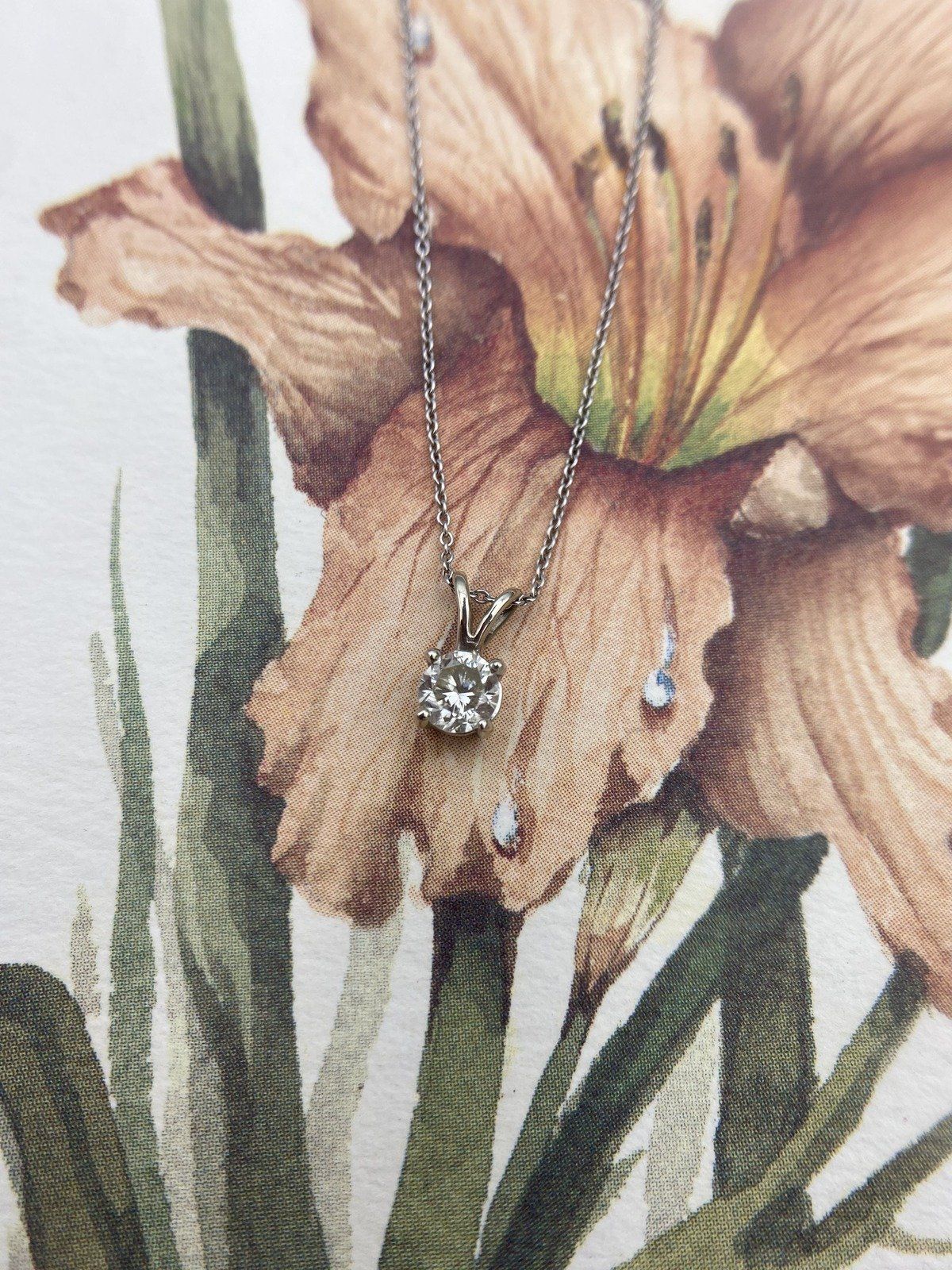 Firey Vintage 14k White Gold Natural .65ct Round Cut Solitaire Diamond Drop Necklace w Sturdy Cable Chain 16L 8