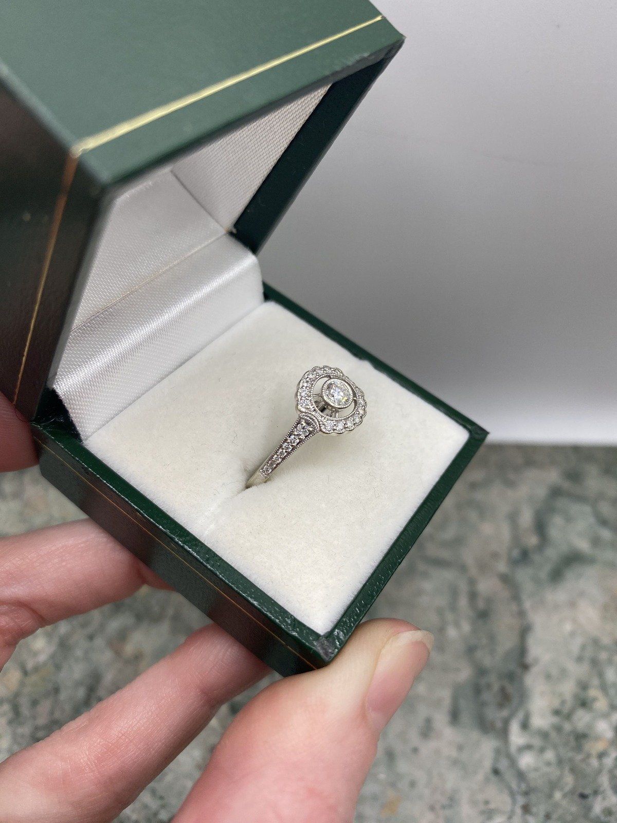 Modern 10k White Gold Floating Bezel Set .15ct Center Scalloped Milgrain Diamond Engagement Ring 3