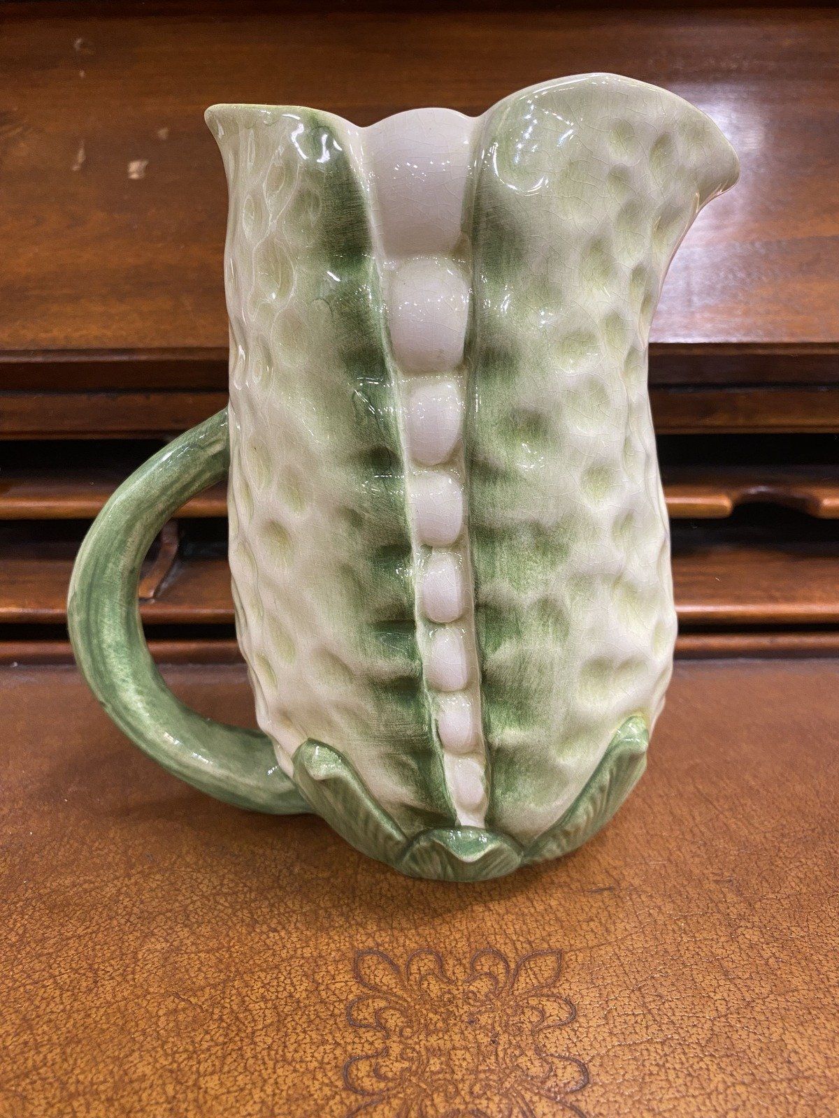 Vintage San Marco Majolica Pea Pod Drink Pitcher 6.75 4