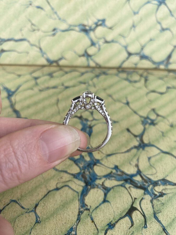 14k White Gold Modern .50ct Diamond Engagement Ring w Pear Cut Sapphire Accents + Diamond Shoulder + Shank Details. Sz 6.75 5