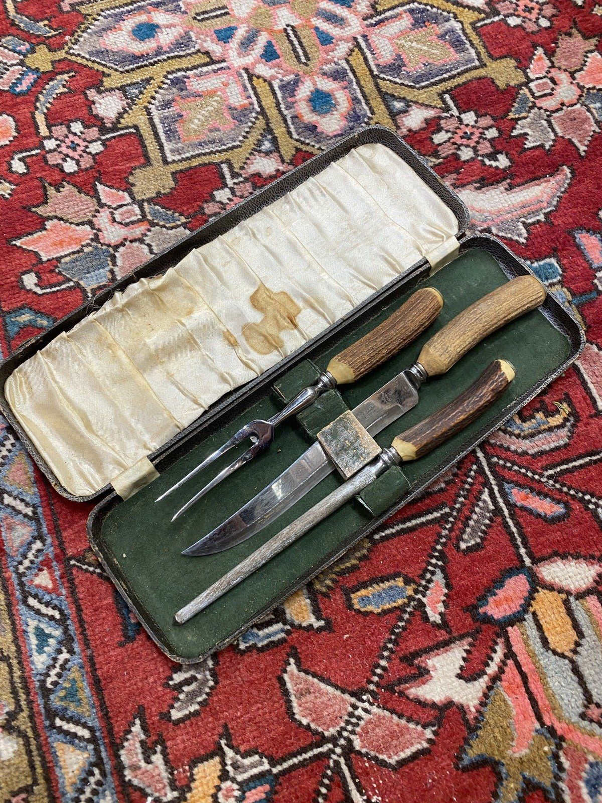 Antique Stag Handle Carving Set w Original Box