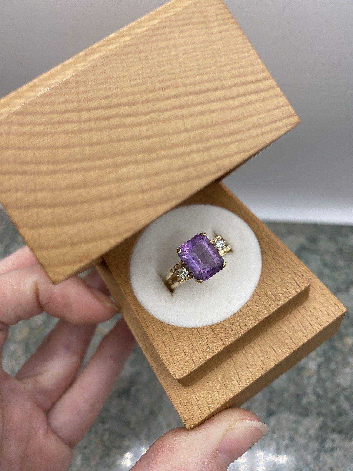 14k Gold Radiant Cut Amethyst Ring w Diamond Side Details 2