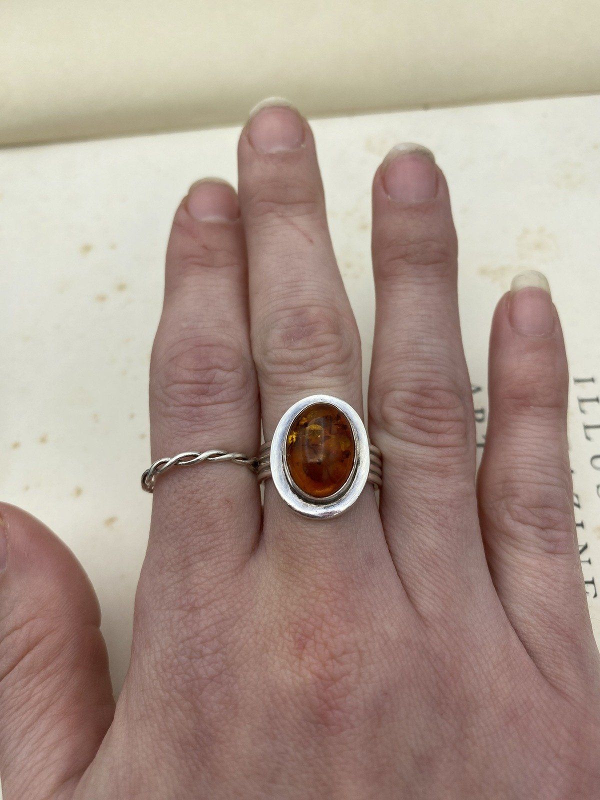Sterling Silver NV Made Amber Ring w Stacked Wide Band 3