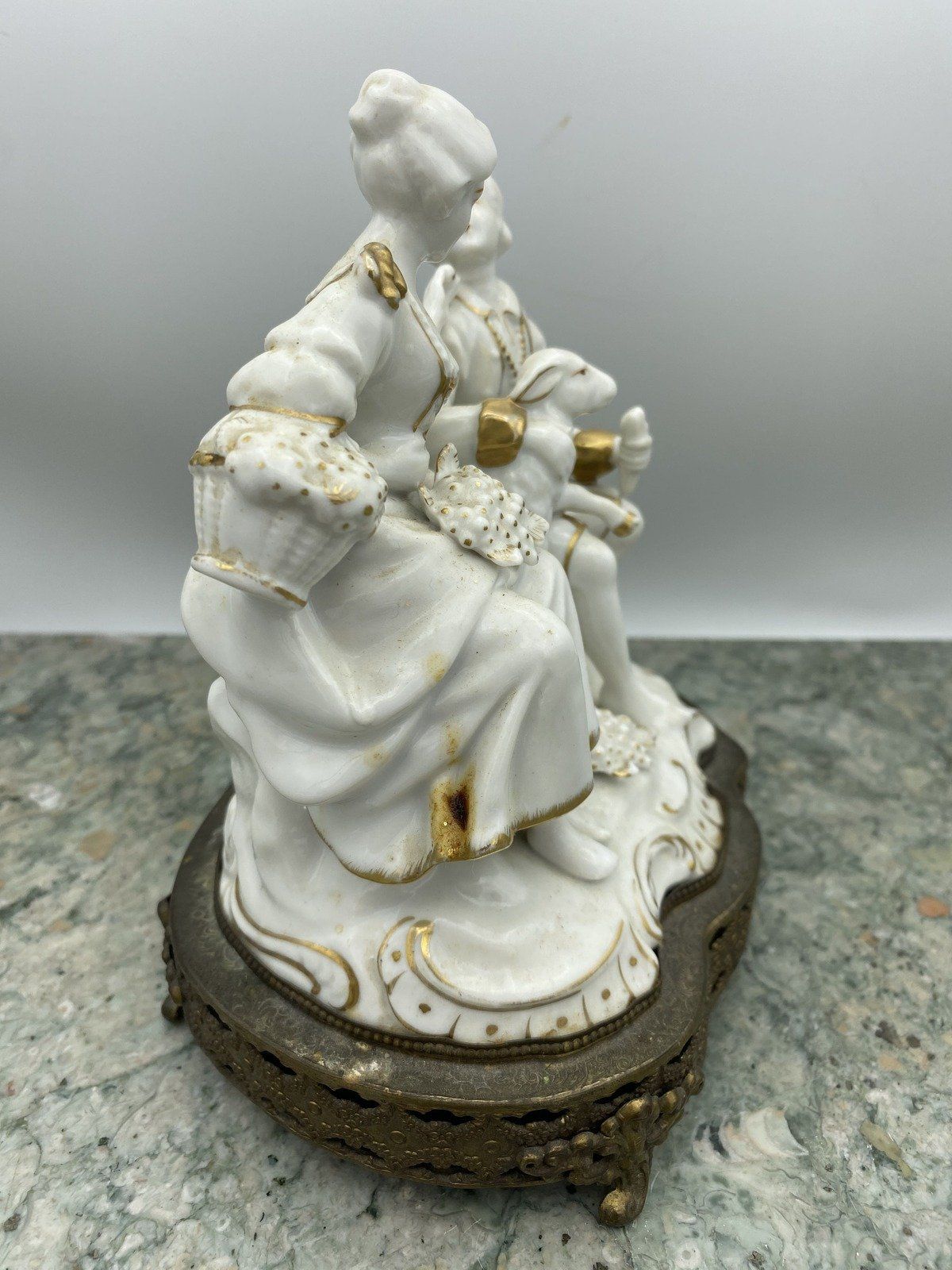 Bone + Gilt Porcelain Court Scene on Ornate Brass Base 4