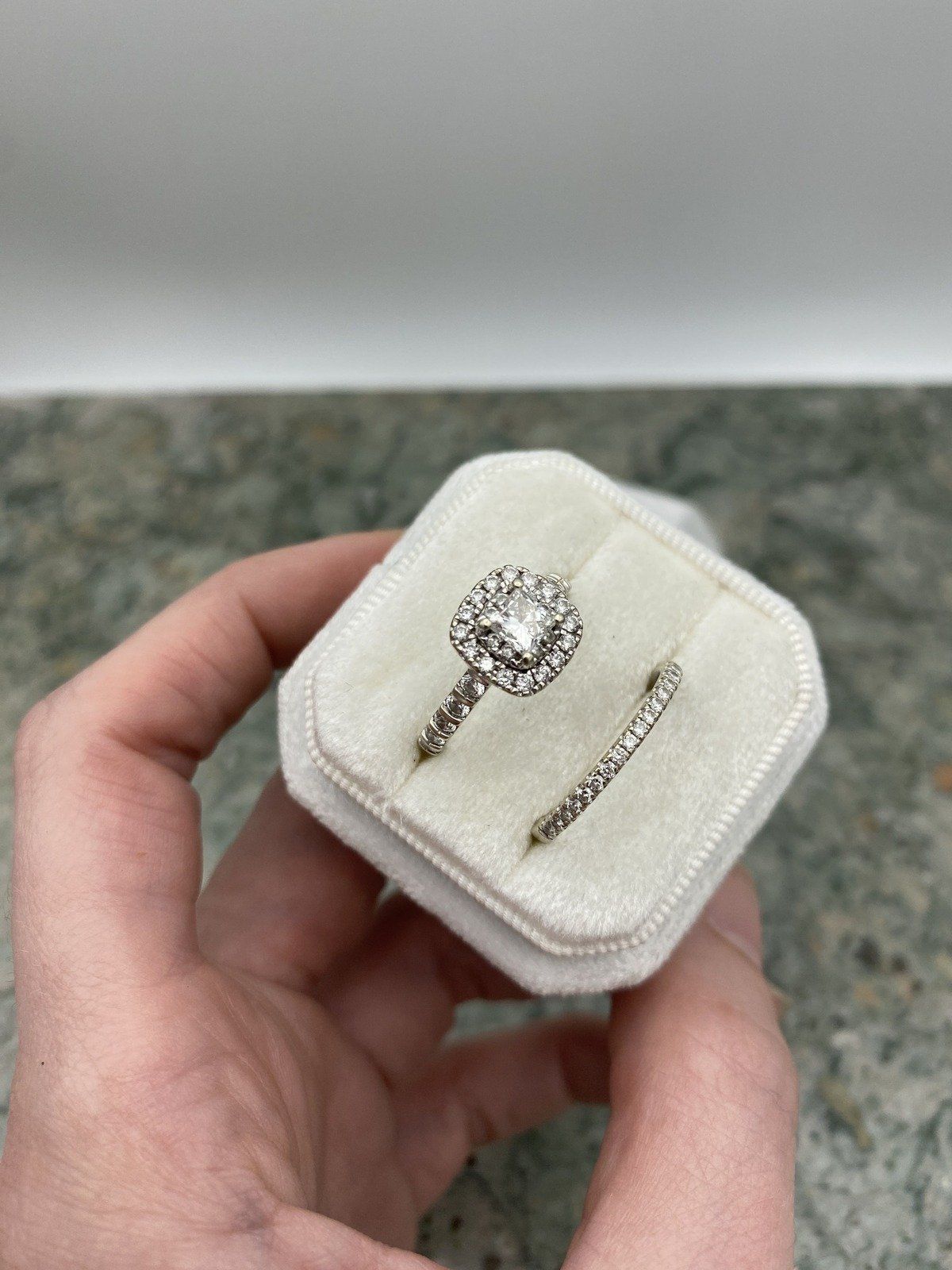 Ladies 14k Gold Leo 1.5ctw Princess Cut Cushion Haloed Diamond Engagement Ring + Band w GIA 3