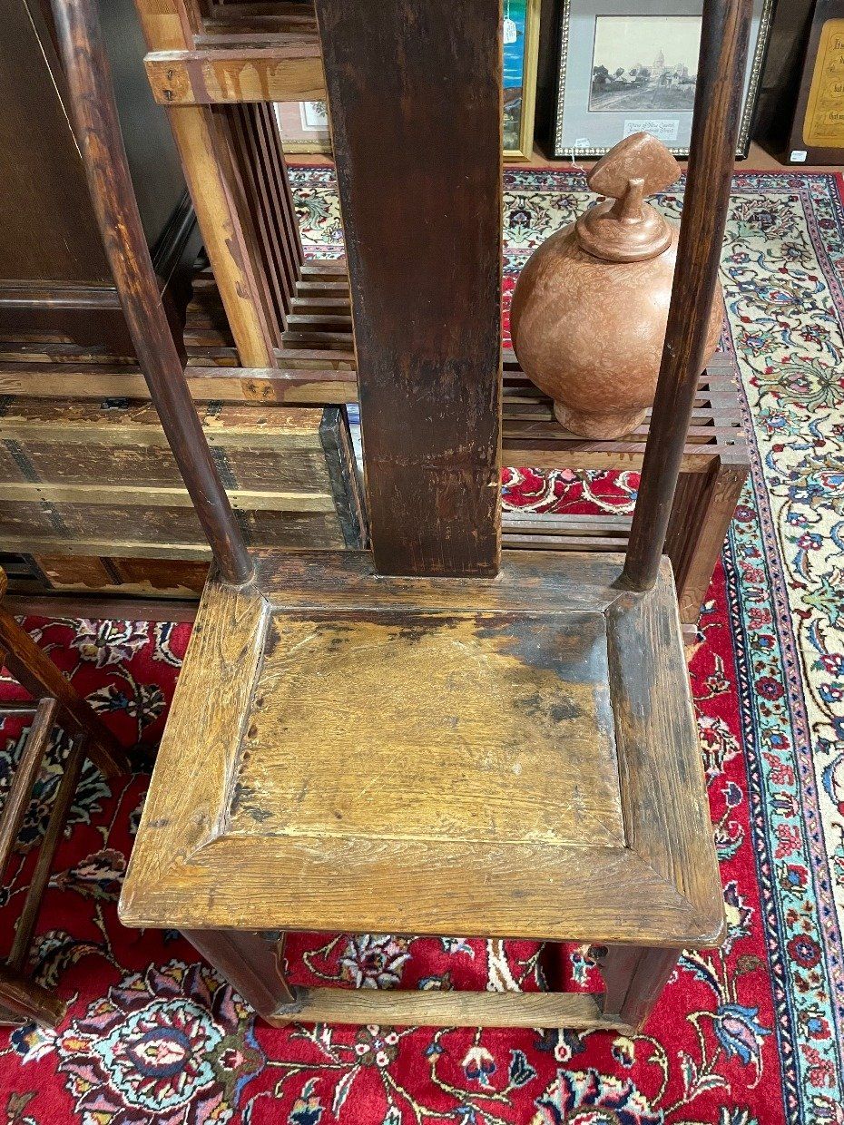 Single Armless 19th Century Chinese Oak Empire Chair w Metal Binding Detail 3