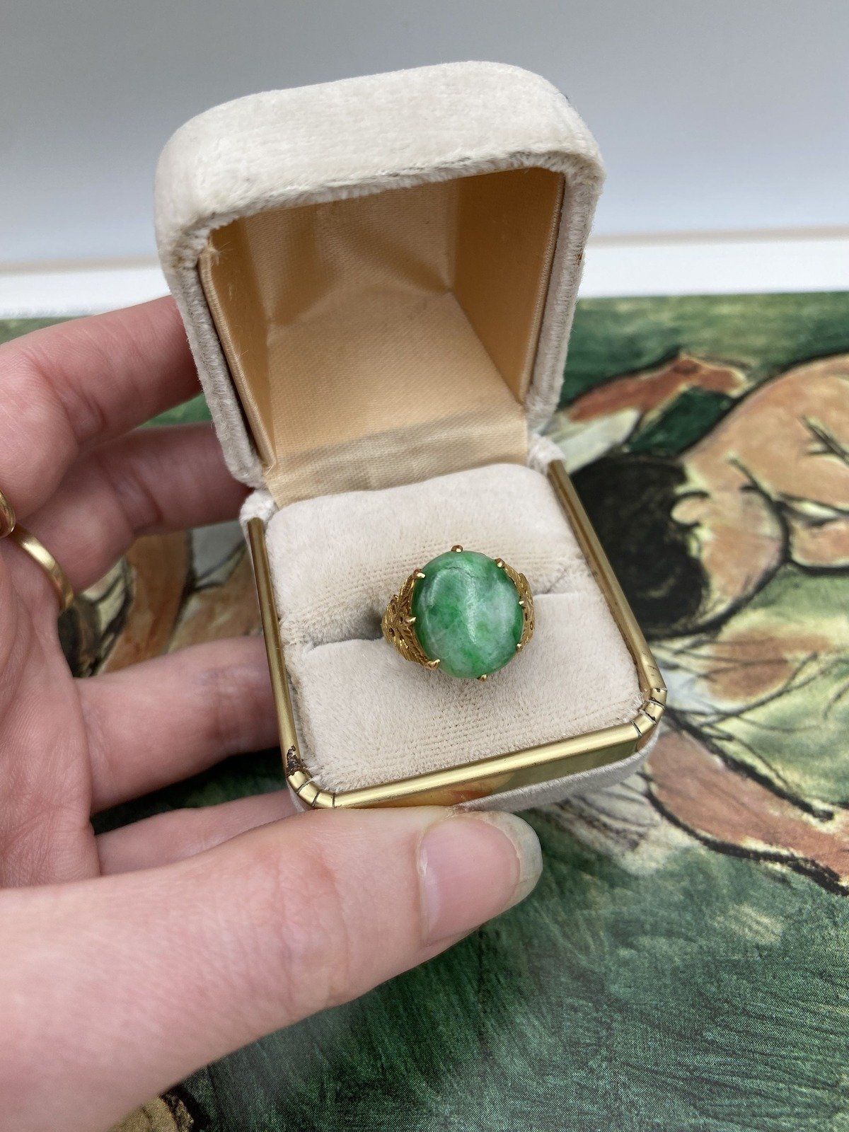Antique 22k Gold Natural Jade Ring w Fauna Shoulders #2804 10