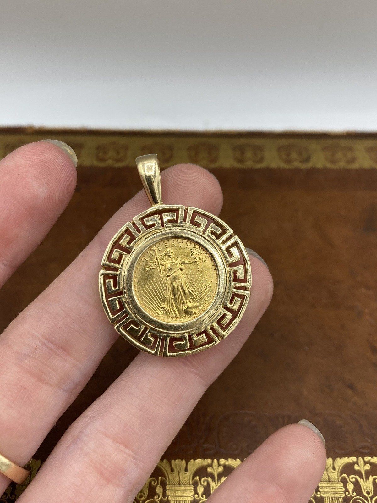 1/10 oz $5 American Gold Eagle Coin Pendant Greek Key 14K Bezel 2