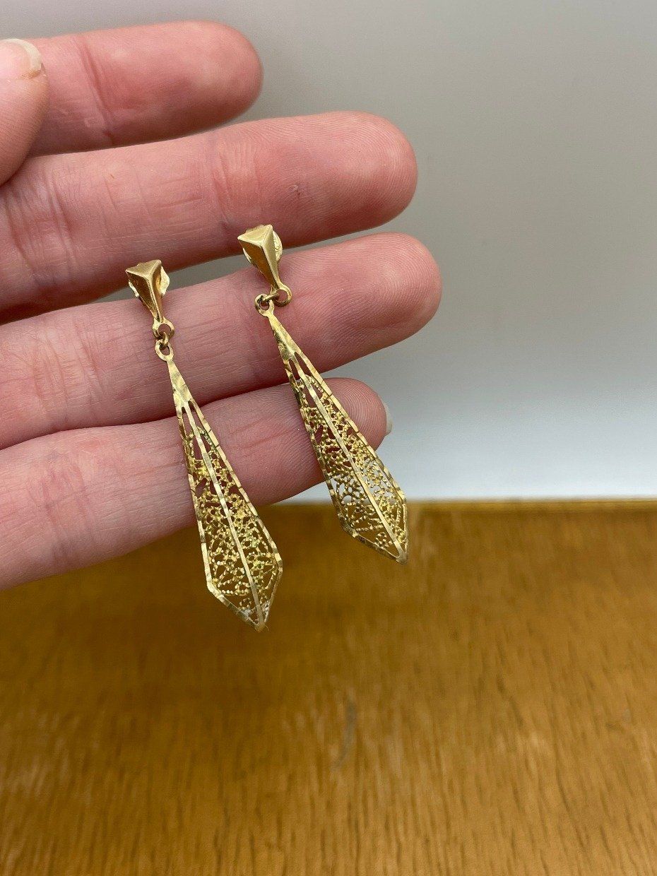 10k Bright Gold Reticulated Goldwork Drop Earrings 2