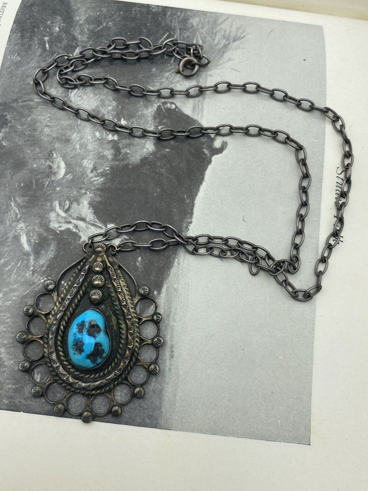 Old Sterling Silver Signed Native American Turquoise Grommet Lace Necklace 4