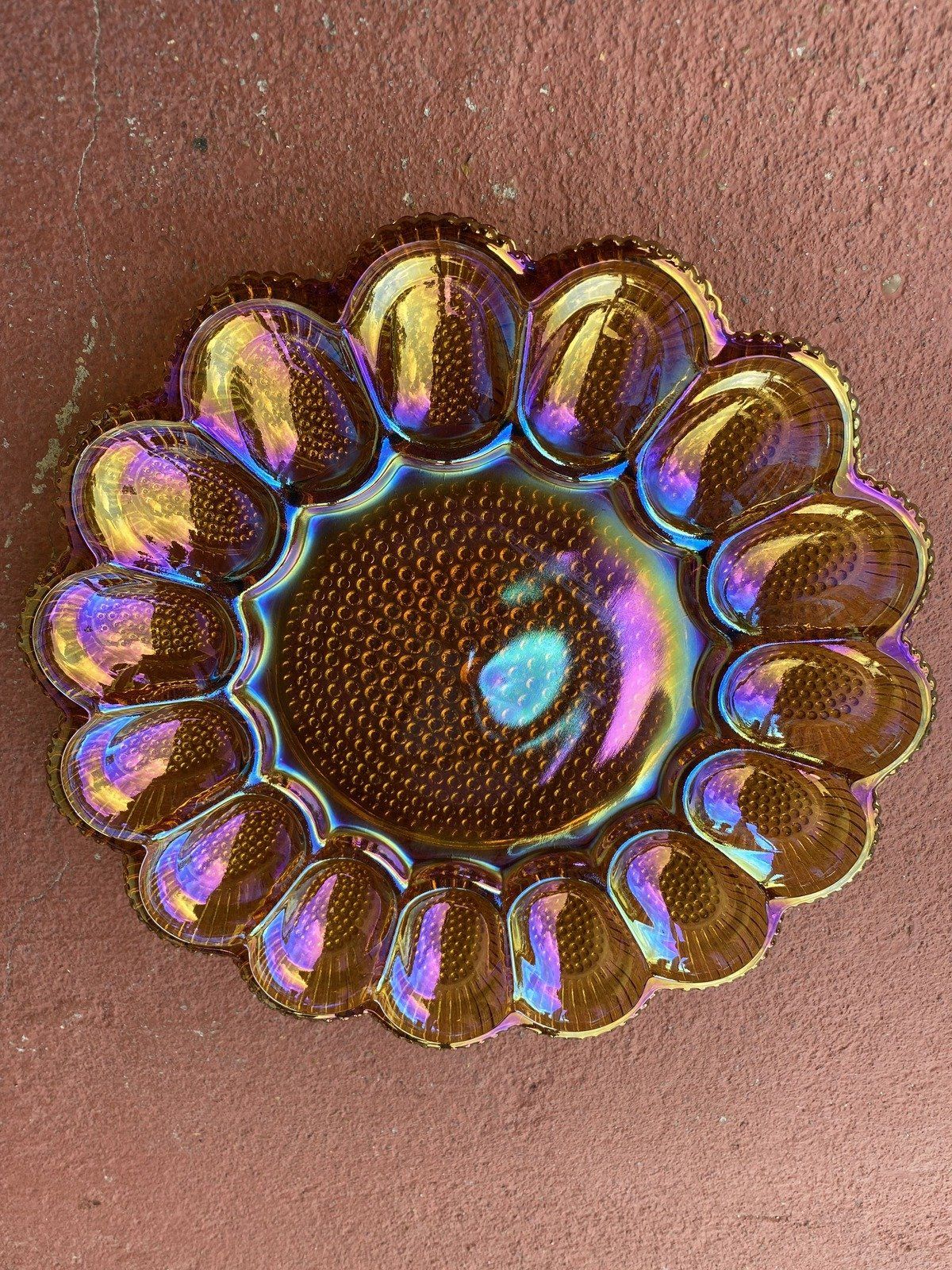 Marigold Vintage Carnival Glass Deviled Egg Scalloped + Hobnail Platter