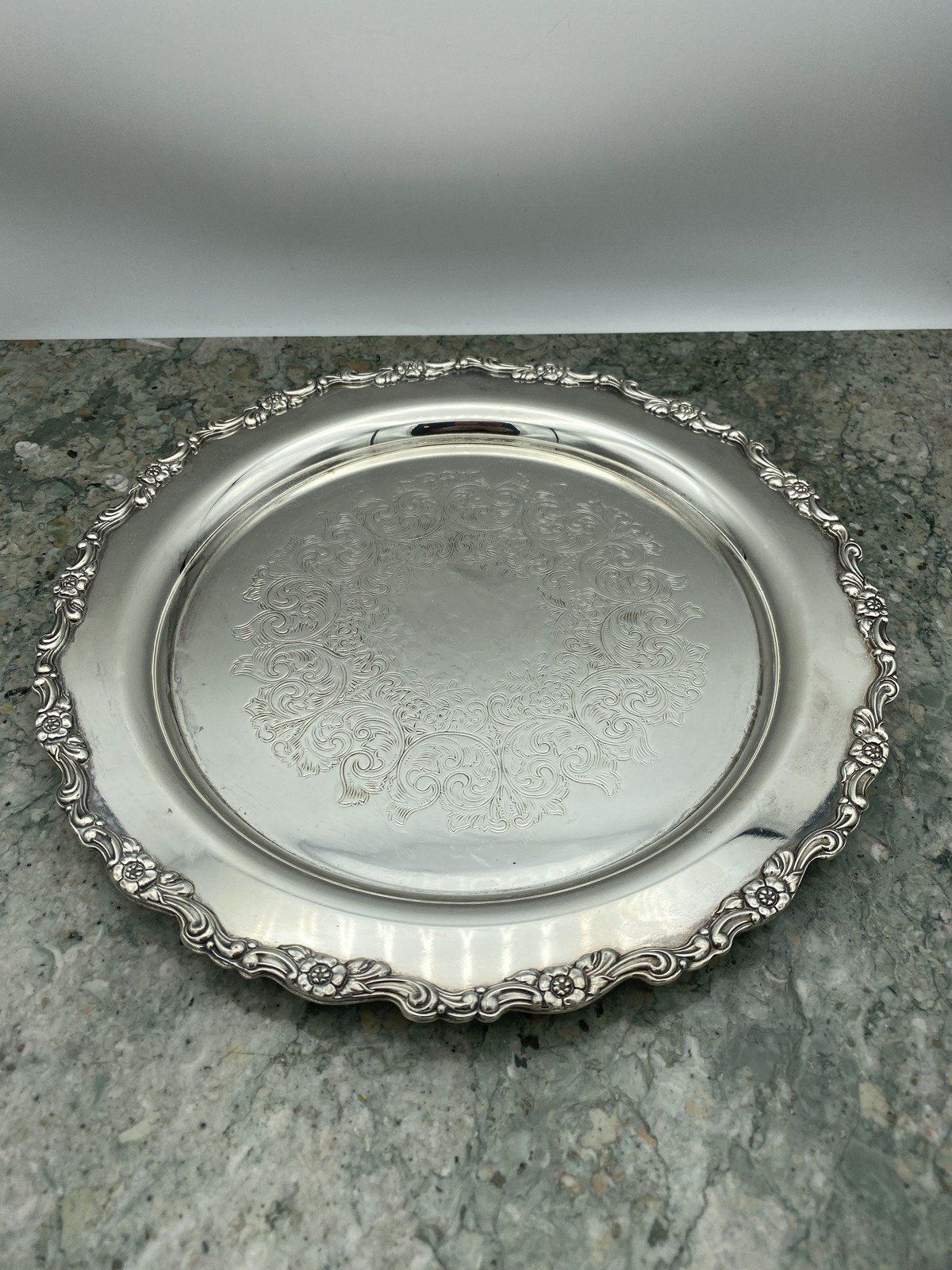 10.25 Round Silver Plated Etched Serving Tray