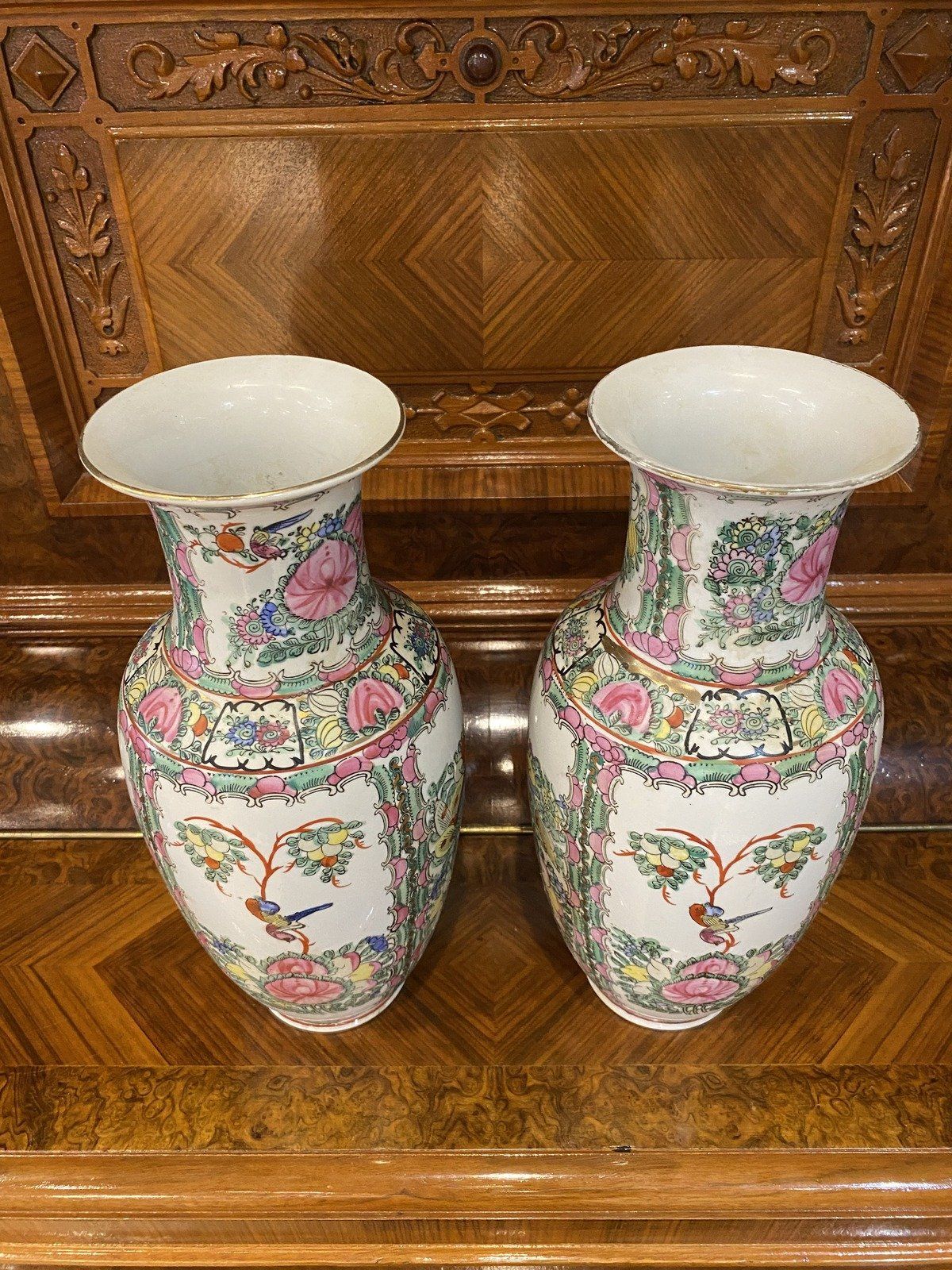 Pair of Vintage Rose Famille Oriental Vases 13h 2