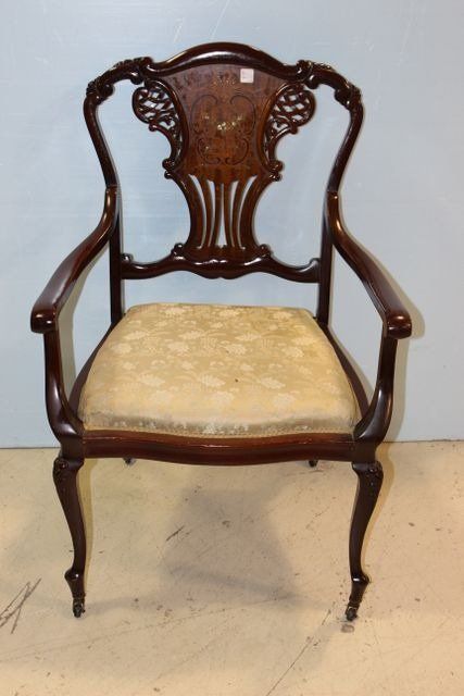 Beautiful Inlaid Armchair with Mother of Pearl and Silk Upholstery