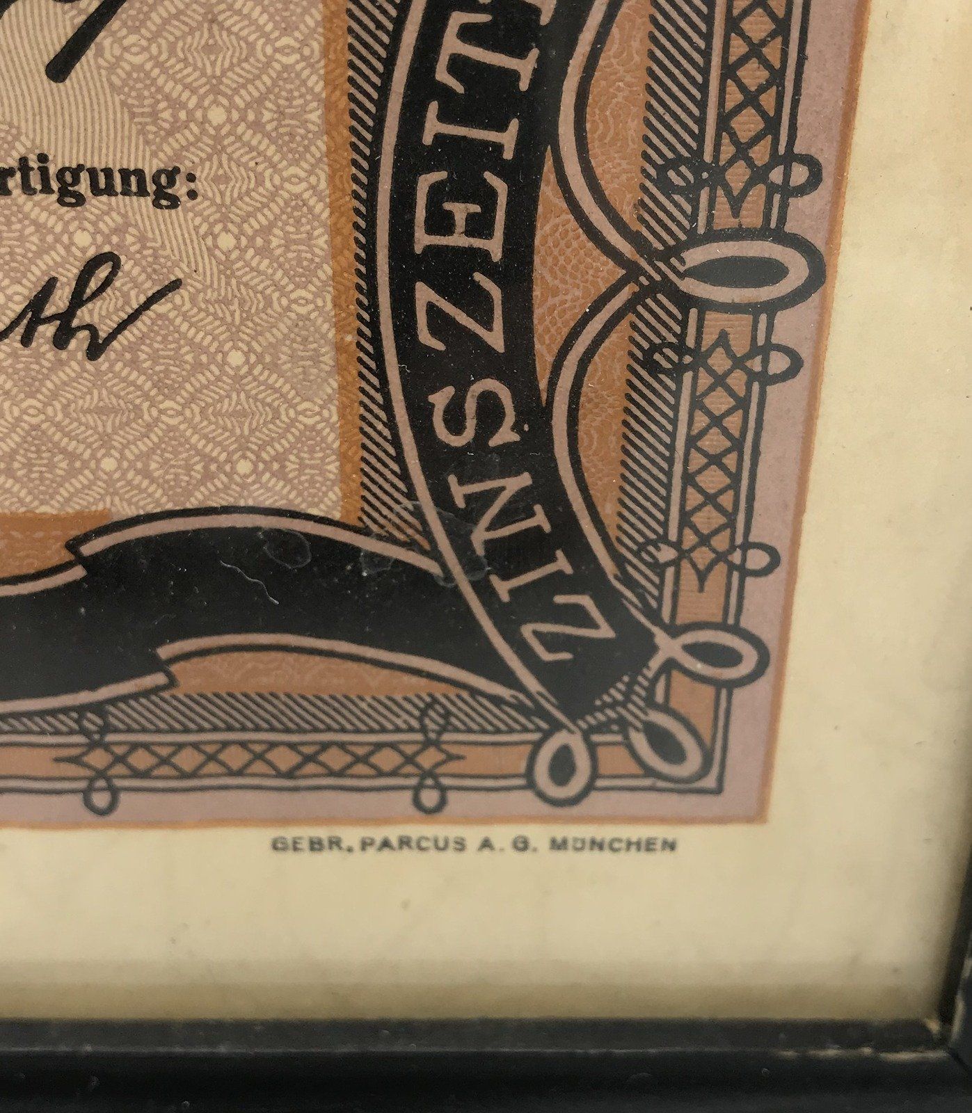 Framed German Bond Policy c1923 100,000 Mark Illustrated by Glass 3