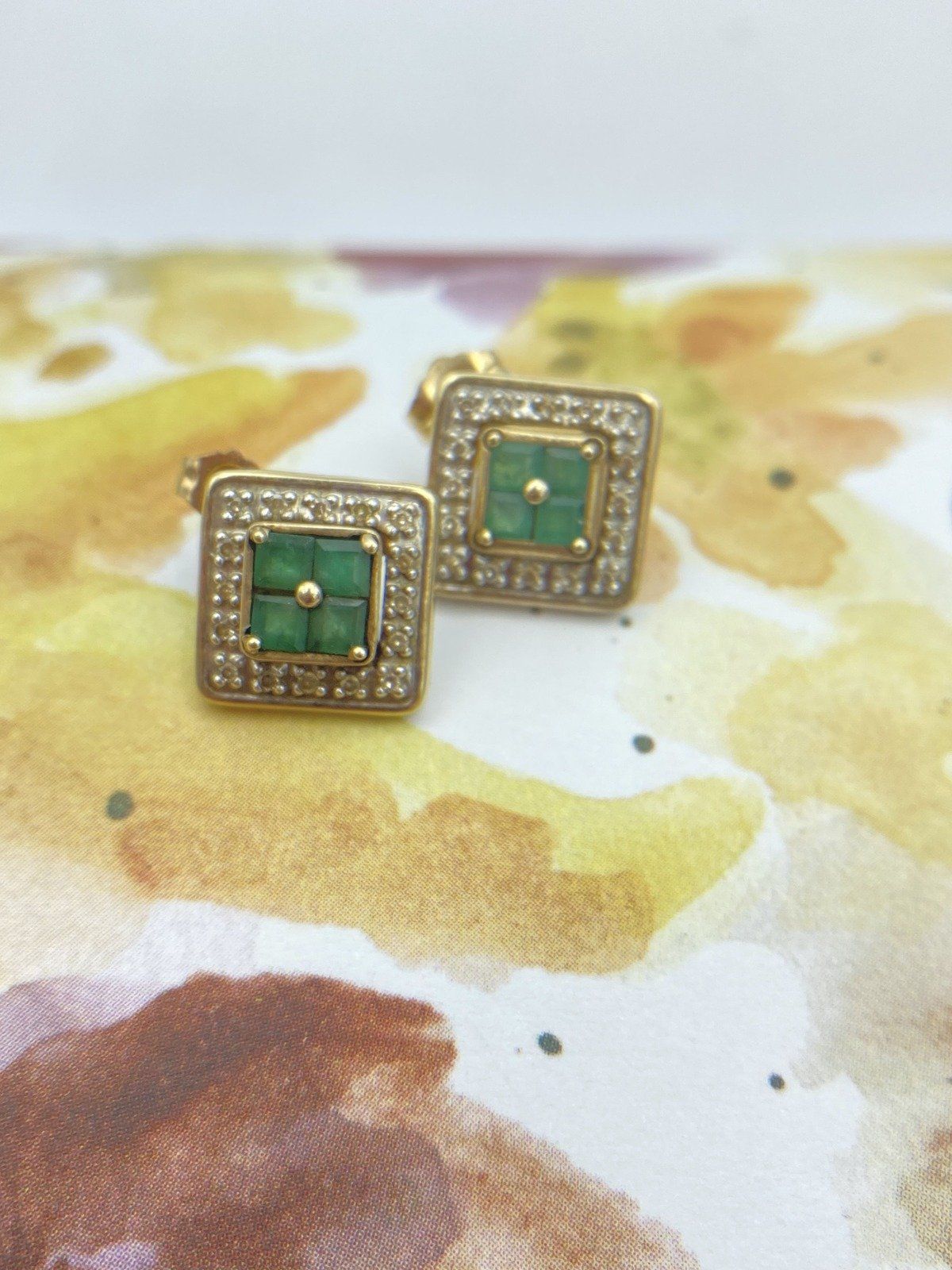 Squared 14k Gold Diamond Framed Princess Cut Emerald Stud Stud Earrings #2934 7