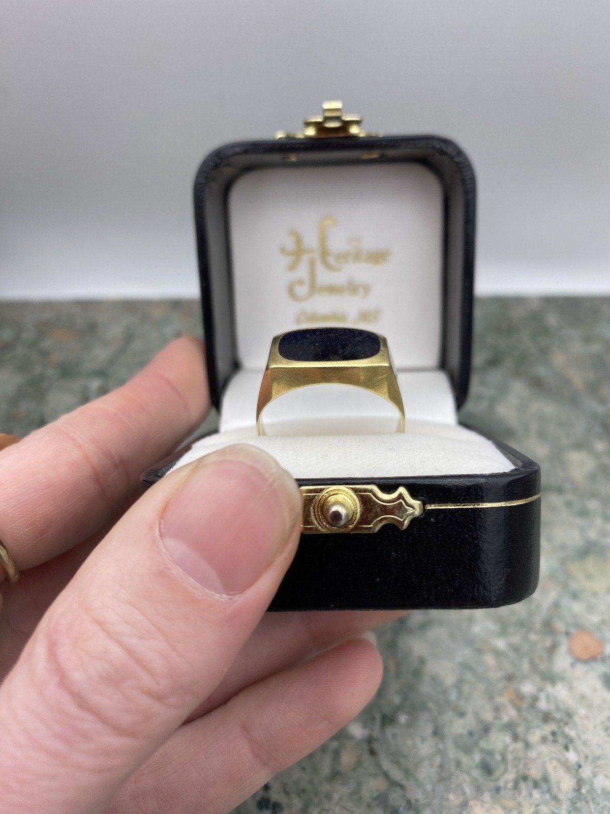 Men's Vintage 14k Gold Dutch Made Blue Goldstone Flush Bezel Ring 8