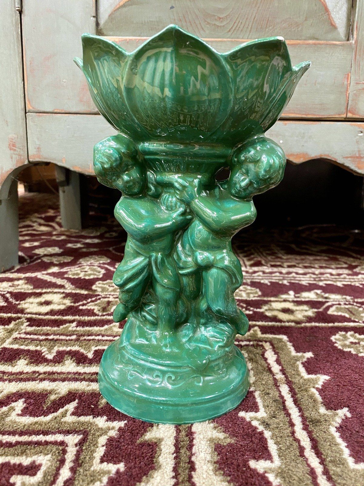 Vintage Signed VERNA GALLOWAY Twin Cherub Lotus Green Ceramic Pedestal Dish 2