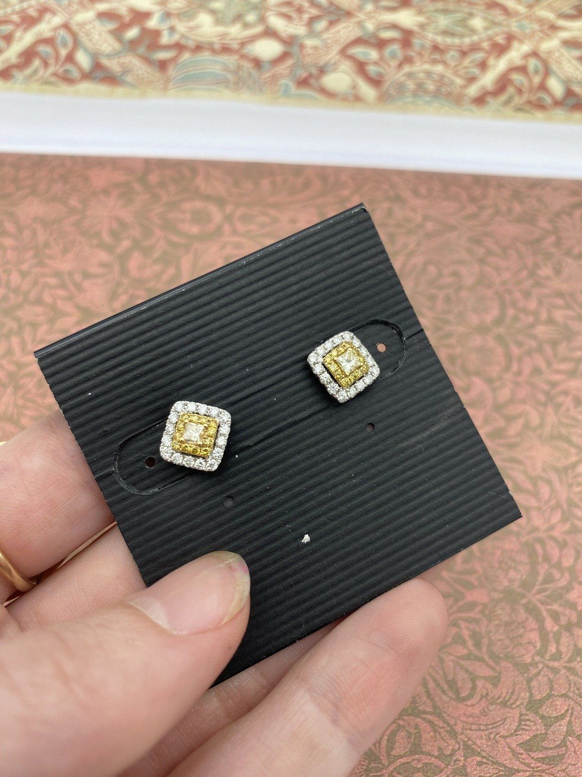 14k White Gold Yellow Diamond Cushion Cluster Halo Stud Earrings 2