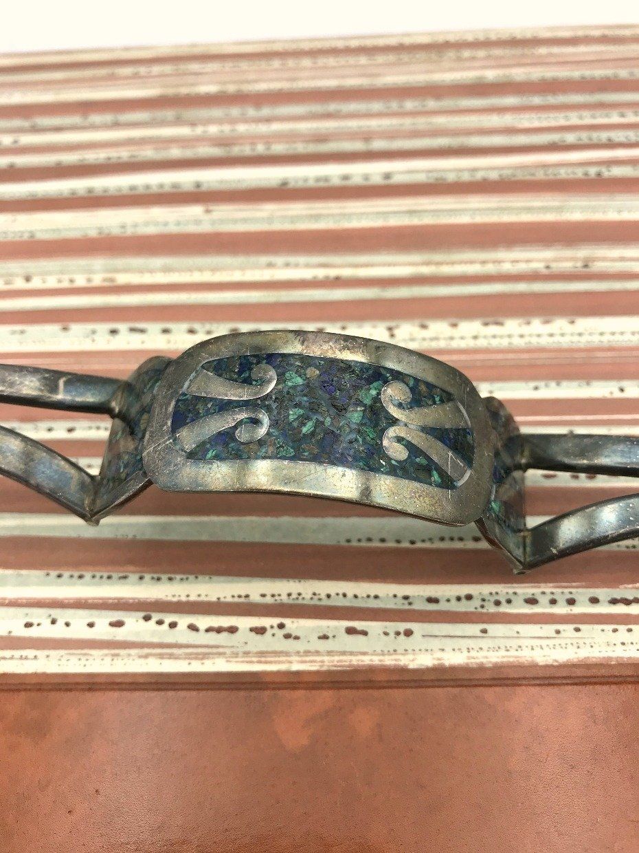 Mexico 925 Sterling Gem Chip Inlay Hinged Cuff Bracelet 2