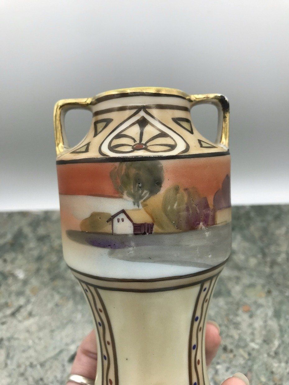 Nippon Hand Painted Mini Vase w Autumn Hue Landscape 7
