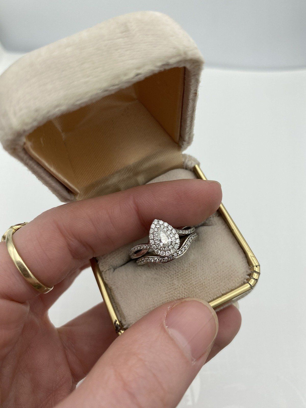 14k White Gold Pave Set Engagement Ring Guard Band w Angular Form 3