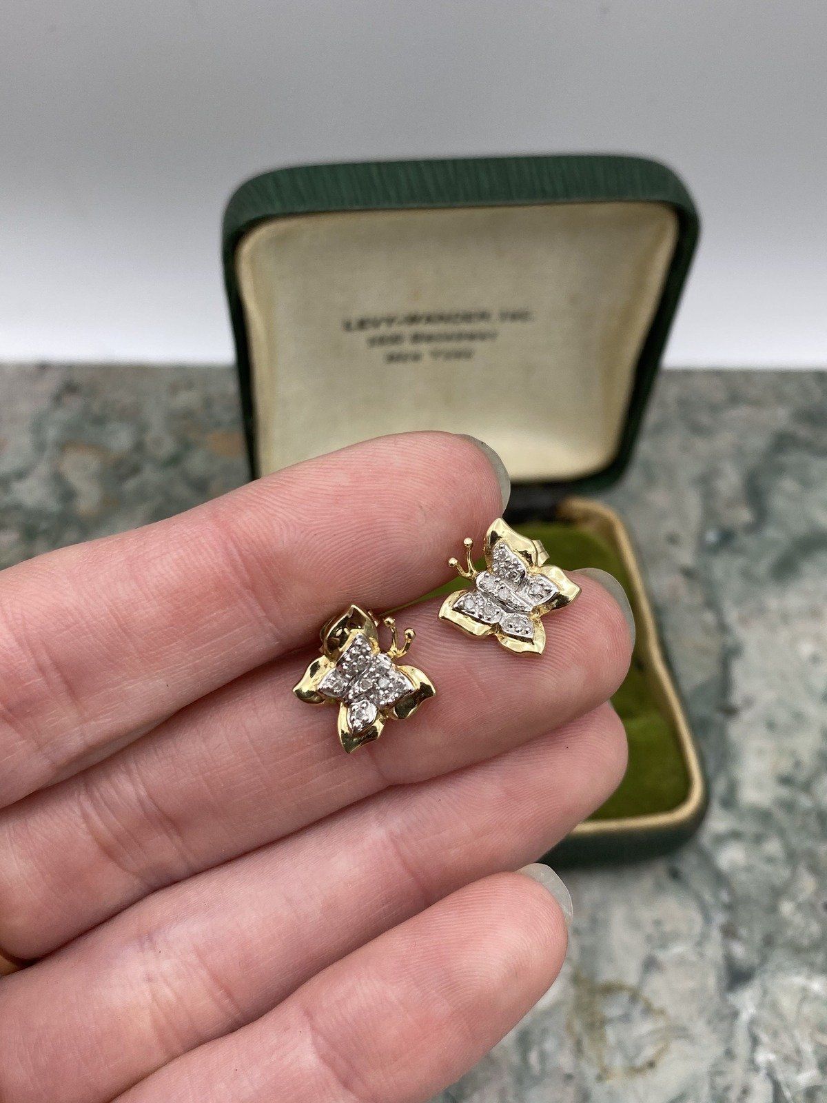 10k Dual Gold Figural Butterfly + Diamond Winged Stud Earrings #2485 6