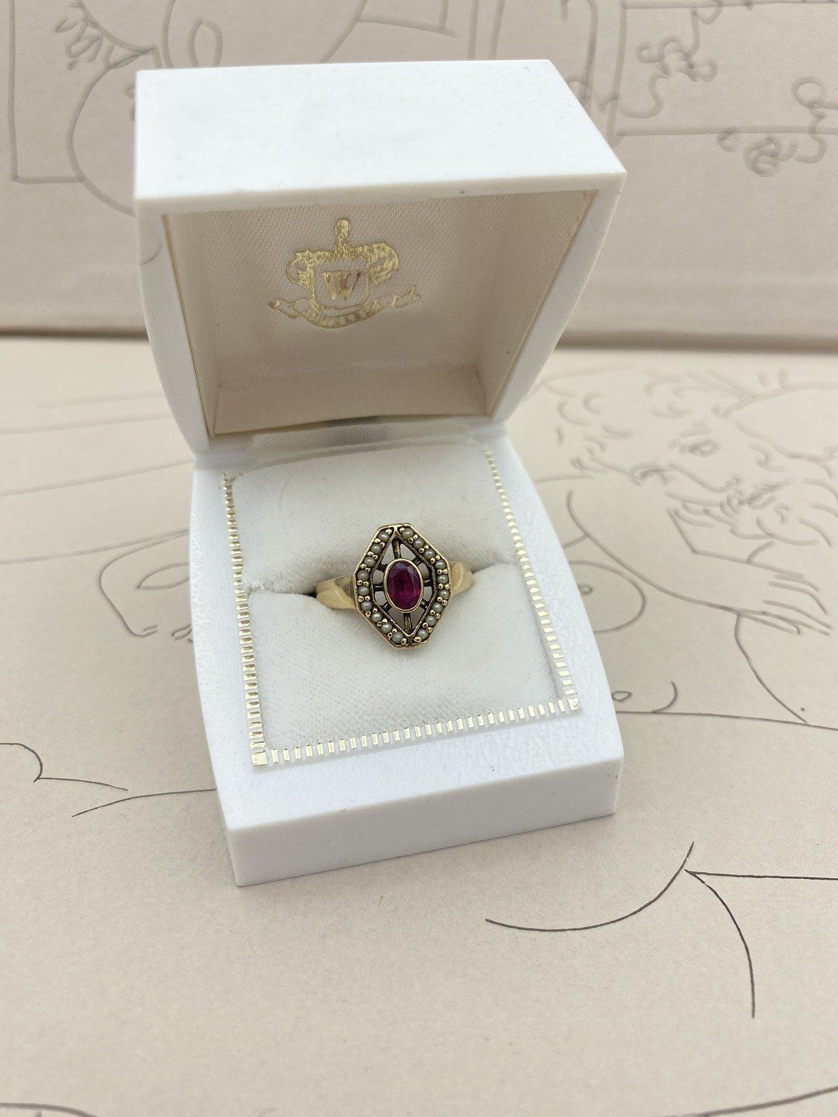 Antique 10k Gold Trapezoid Seed Pearl + Bezel Oval Ruby Navette Ring #2937 4