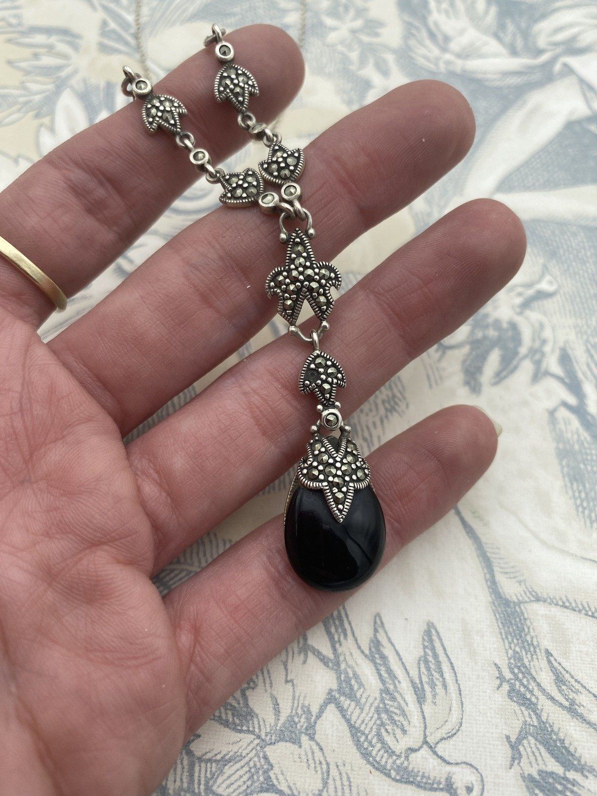 Vintage Sterling Silver Marcasite + Black Onyx Lariat Y Necklace 16L 4